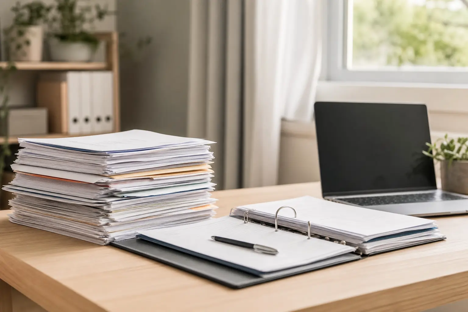 Pile de documents administratifs et classeur ouvert sur un bureau en bois, avec un ordinateur portable en arrière-plan