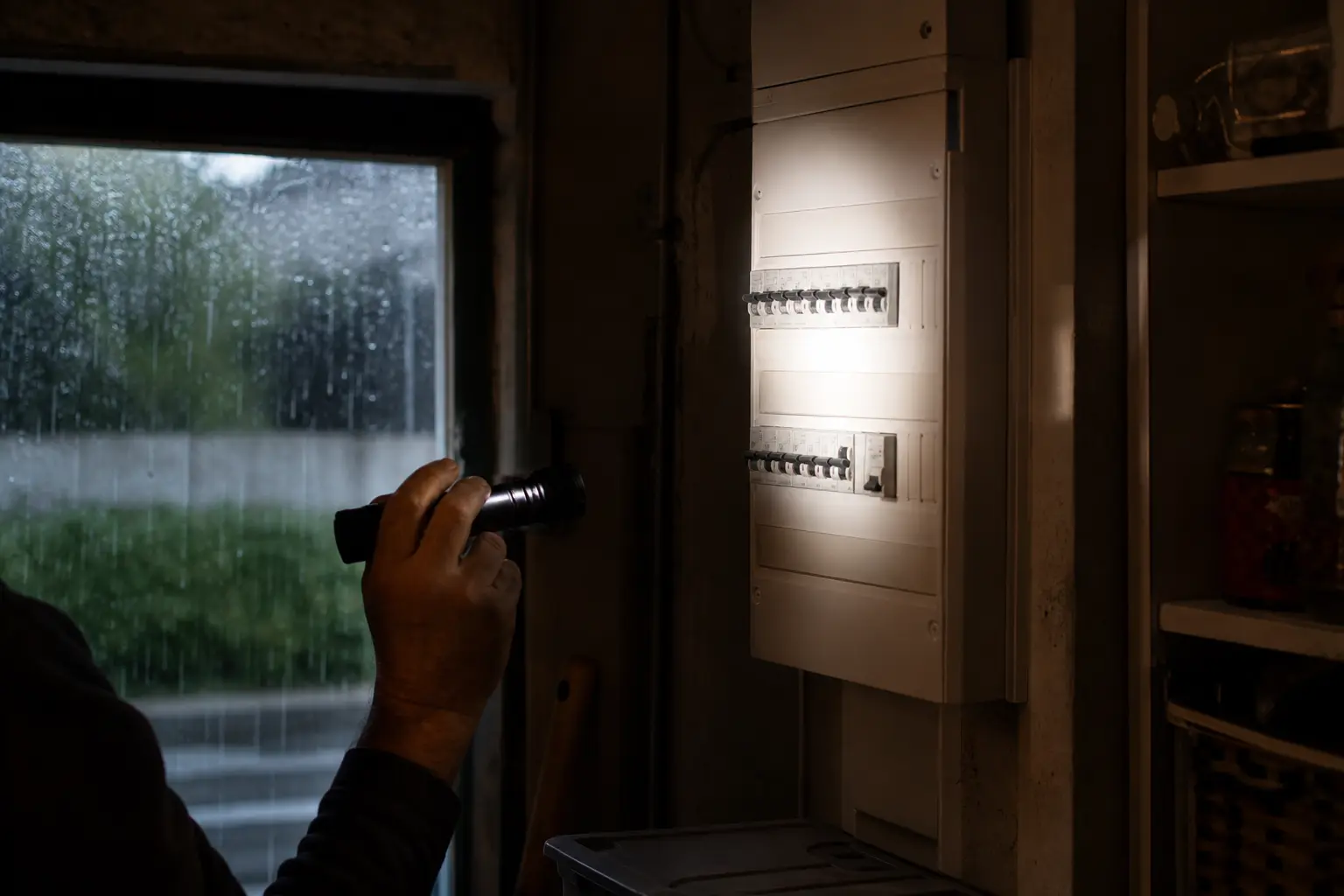 Tableau électrique domestique éclairé par une lampe de poche, avec la pluie visible derrière une fenêtre en arrière-plan