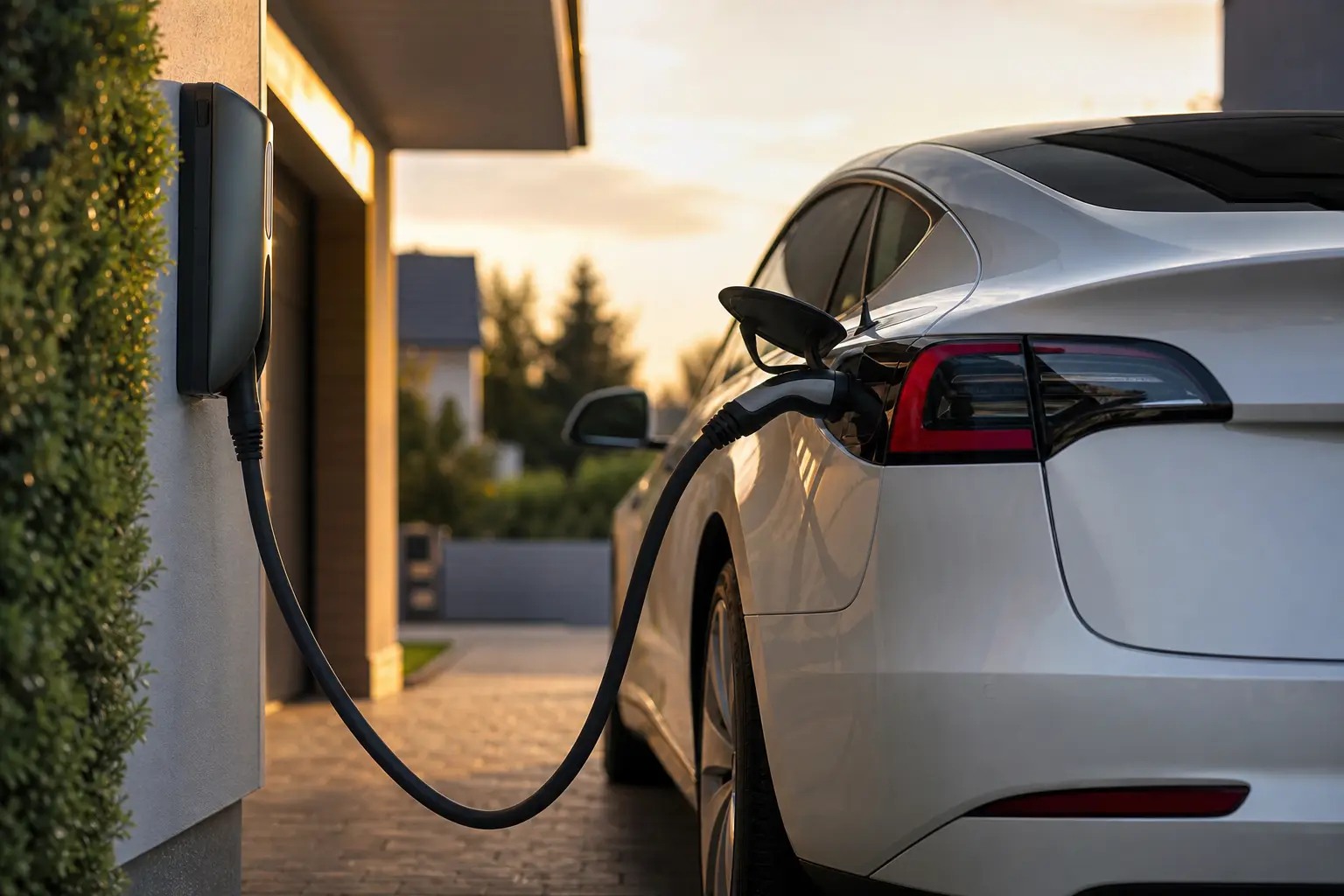 Voiture électrique blanche branchée à une borne de recharge domestique dans une allée résidentielle au coucher du soleil