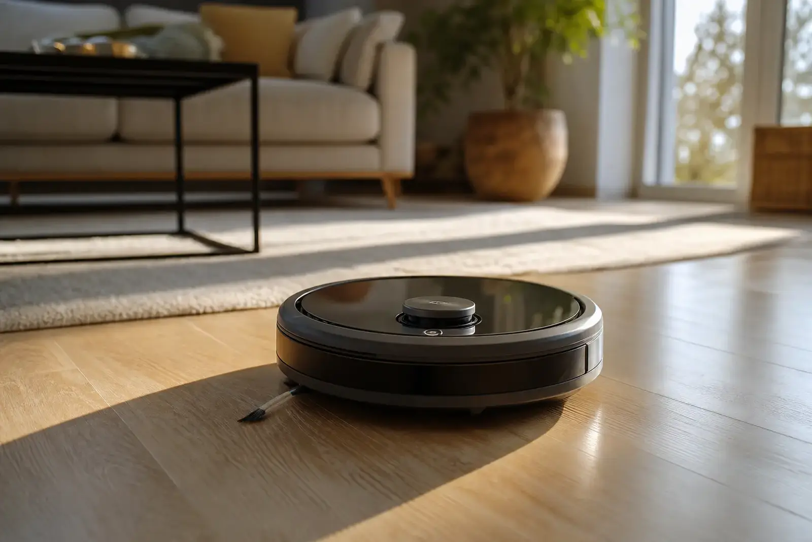 Aspirateur robot noir posé sur un parquet clair dans un salon lumineux, brosse rotative visible