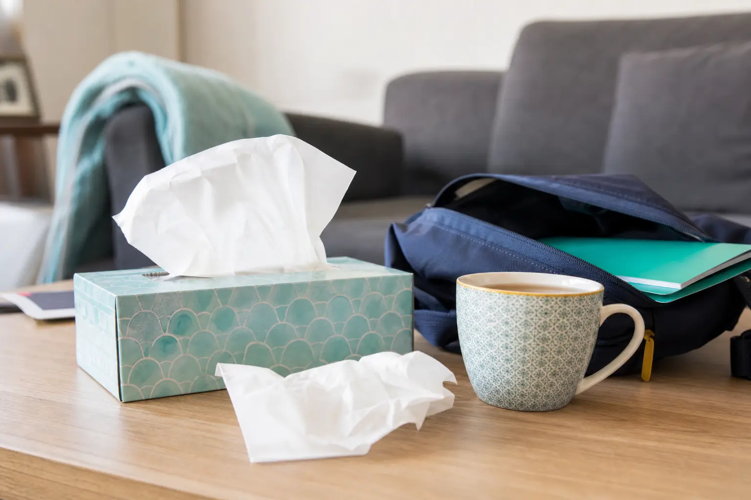Une boîte de mouchoirs en papier et une tasse de thé chaud près d'un cartable d'écolier
