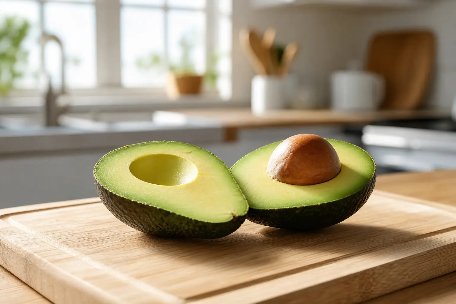 Avocat coupé en deux sur une planche à découper en bois, chair verte exposée et noyau visible, lumière naturelle de cuisine