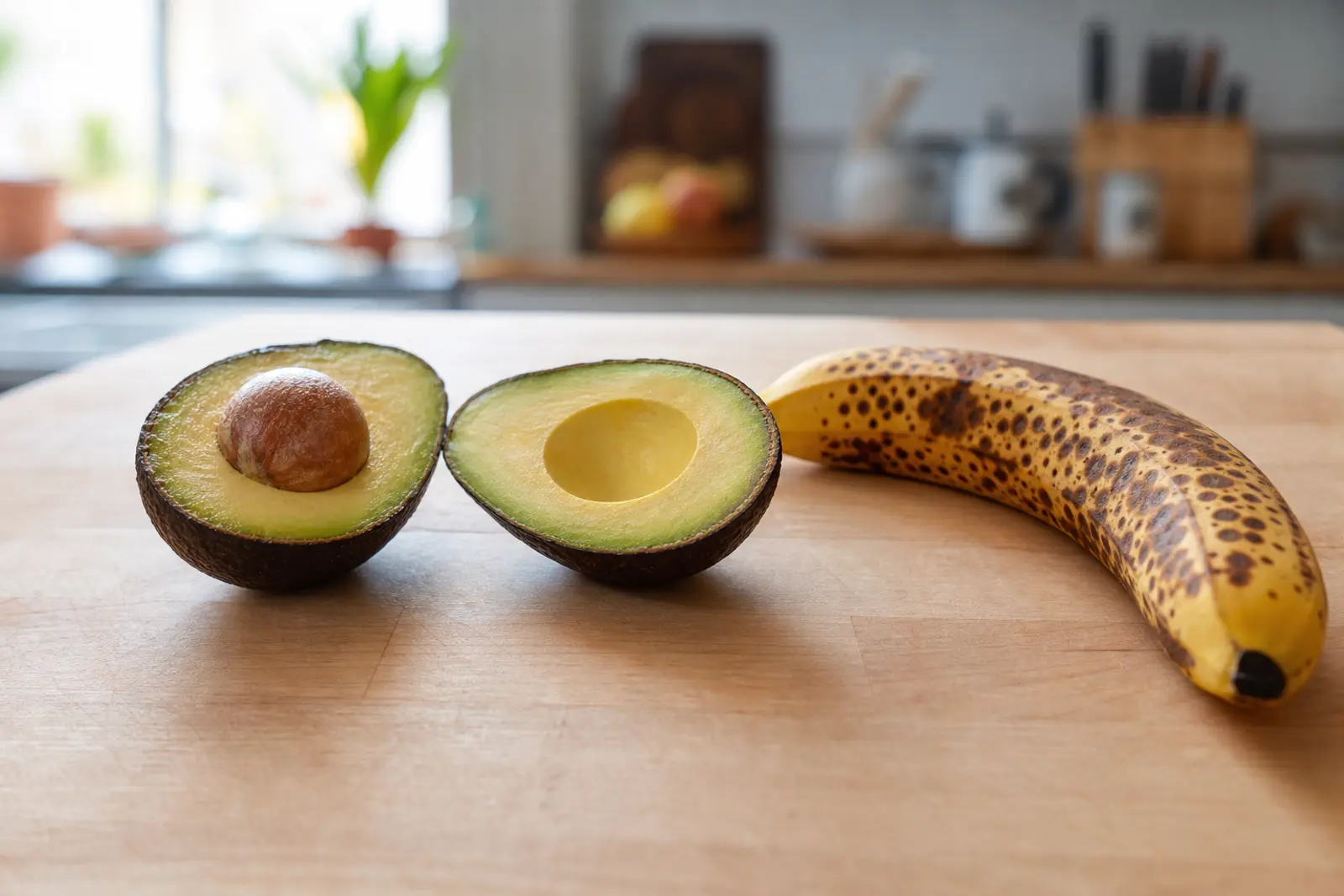 Avocat coupé en deux posé à côté d'une banane bien mûre sur un plan de travail en bois