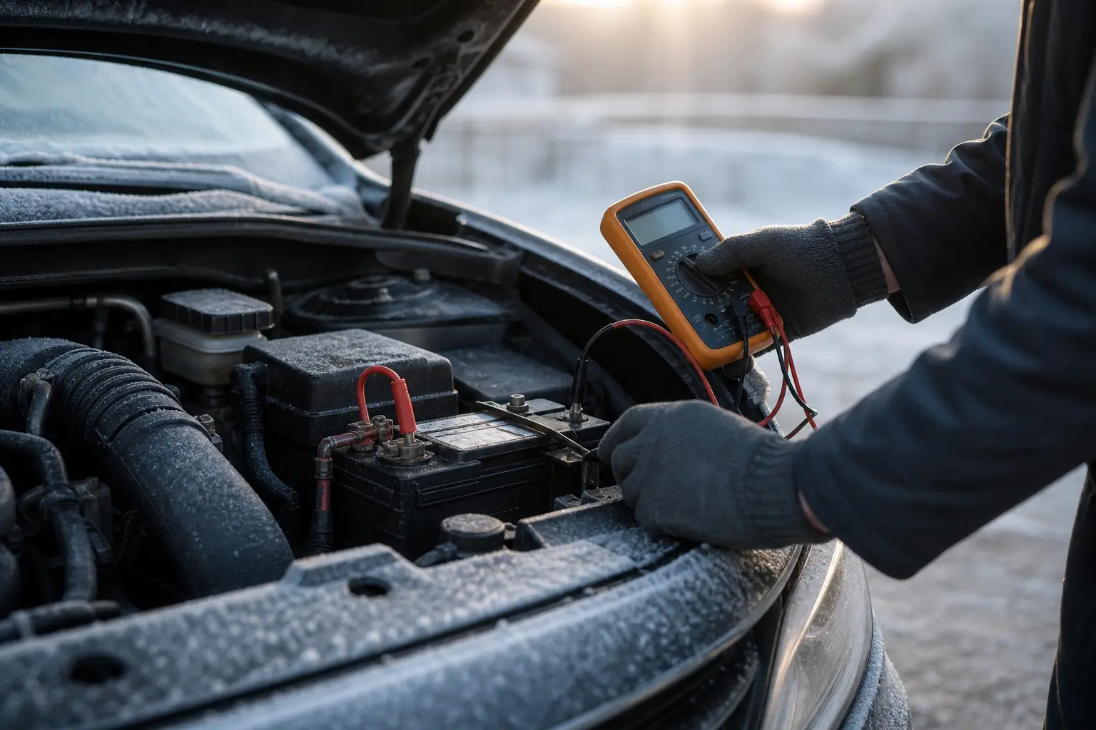 Un mécanicien mesure la batterie d'une voiture sous le capot avec un multimètre par un matin givré