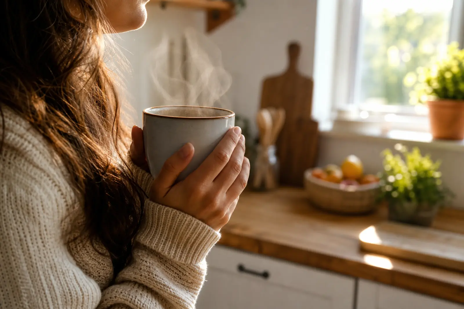 Tasse de café fumante tenue à deux mains dans une cuisine lumineuse le matin, ambiance chaleureuse