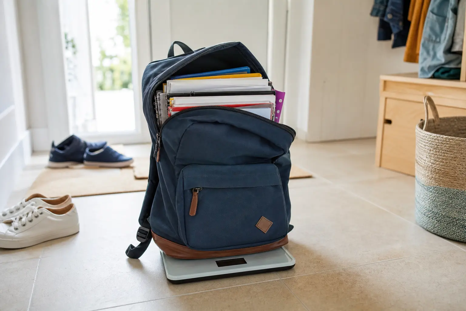 Un cartable d'école rempli de cahiers posé sur une balance de salle de bain dans une entrée de maison
