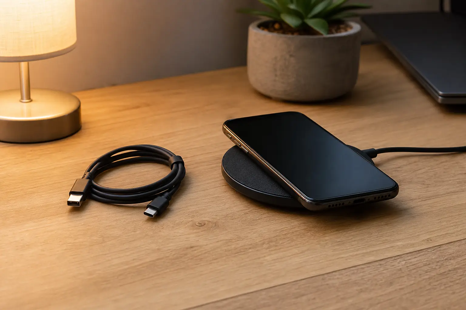 Un smartphone posé sur un chargeur à induction sur un bureau en bois, avec un câble de charge enroulé à côté