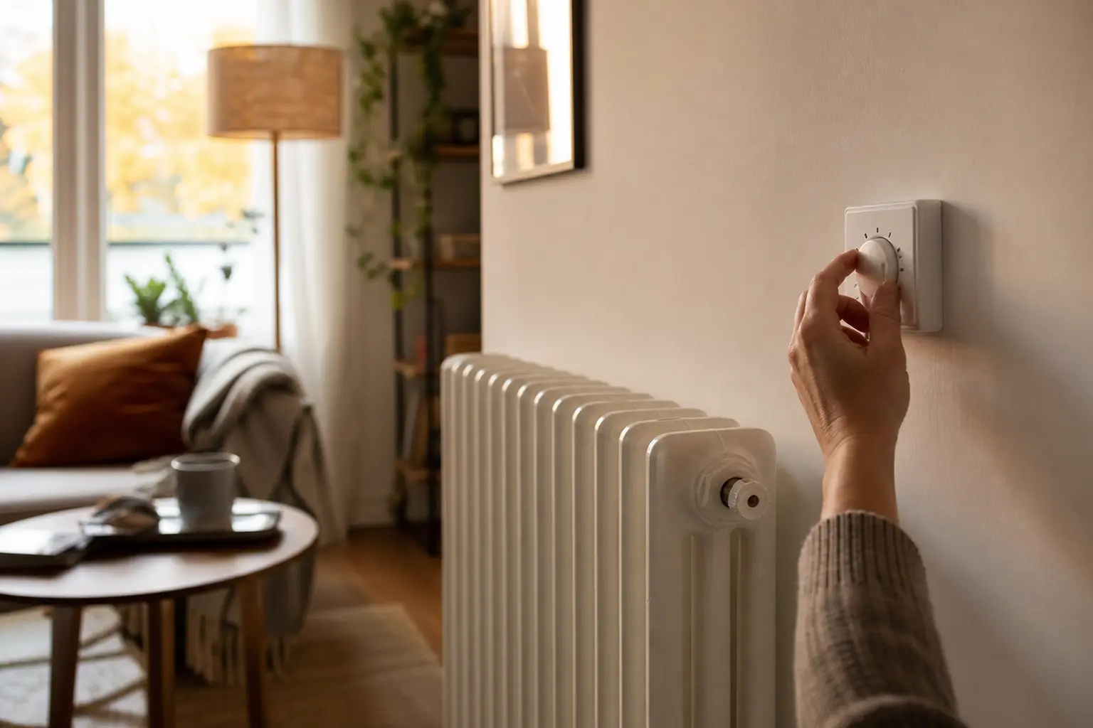 Une main réglant un thermostat mural près d'un radiateur en fonte blanc dans un salon chaleureux