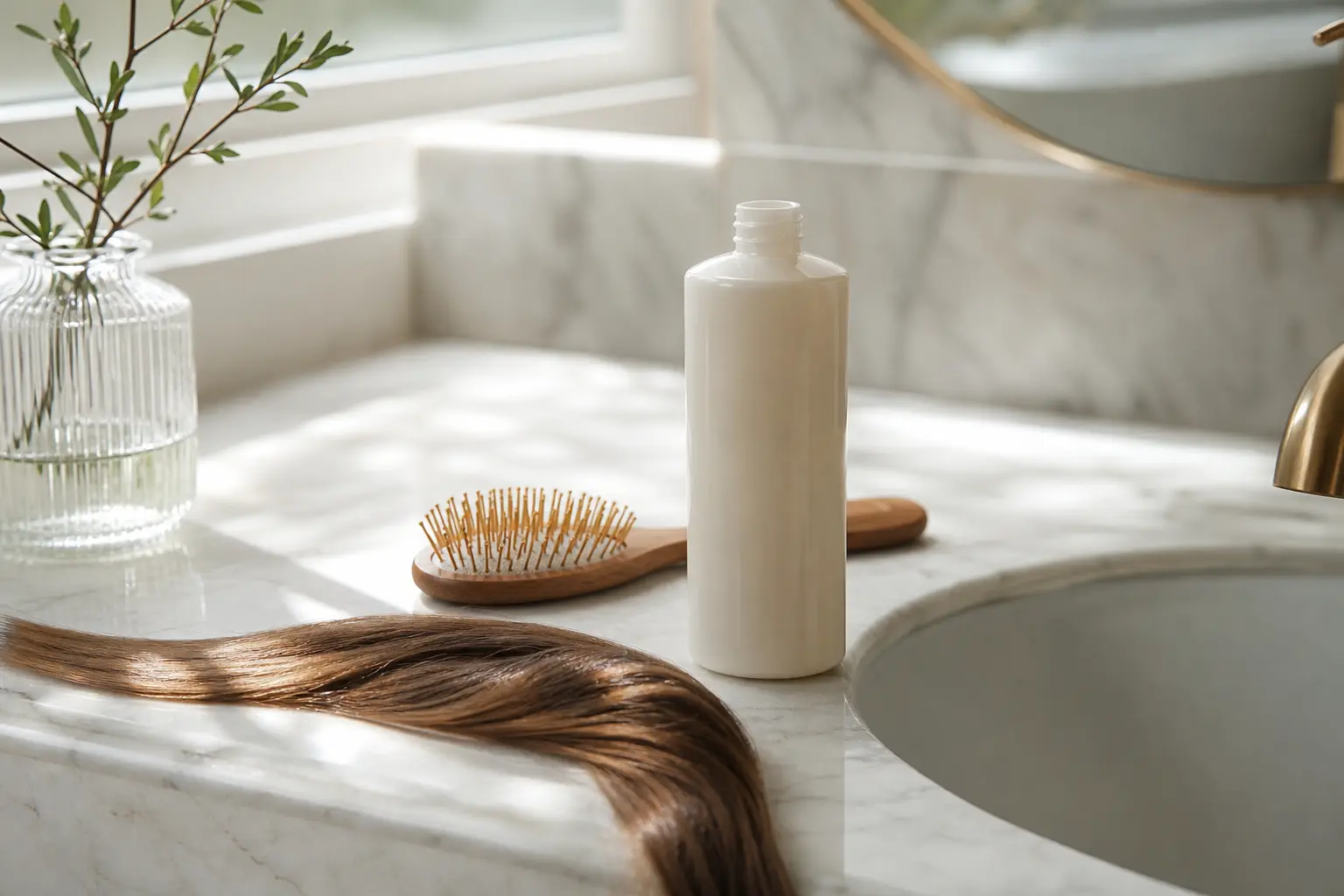 Flacon de shampoing, brosse à cheveux en bois et mèches de cheveux brillants disposés sur un lavabo en marbre dans une salle de bain lumineuse