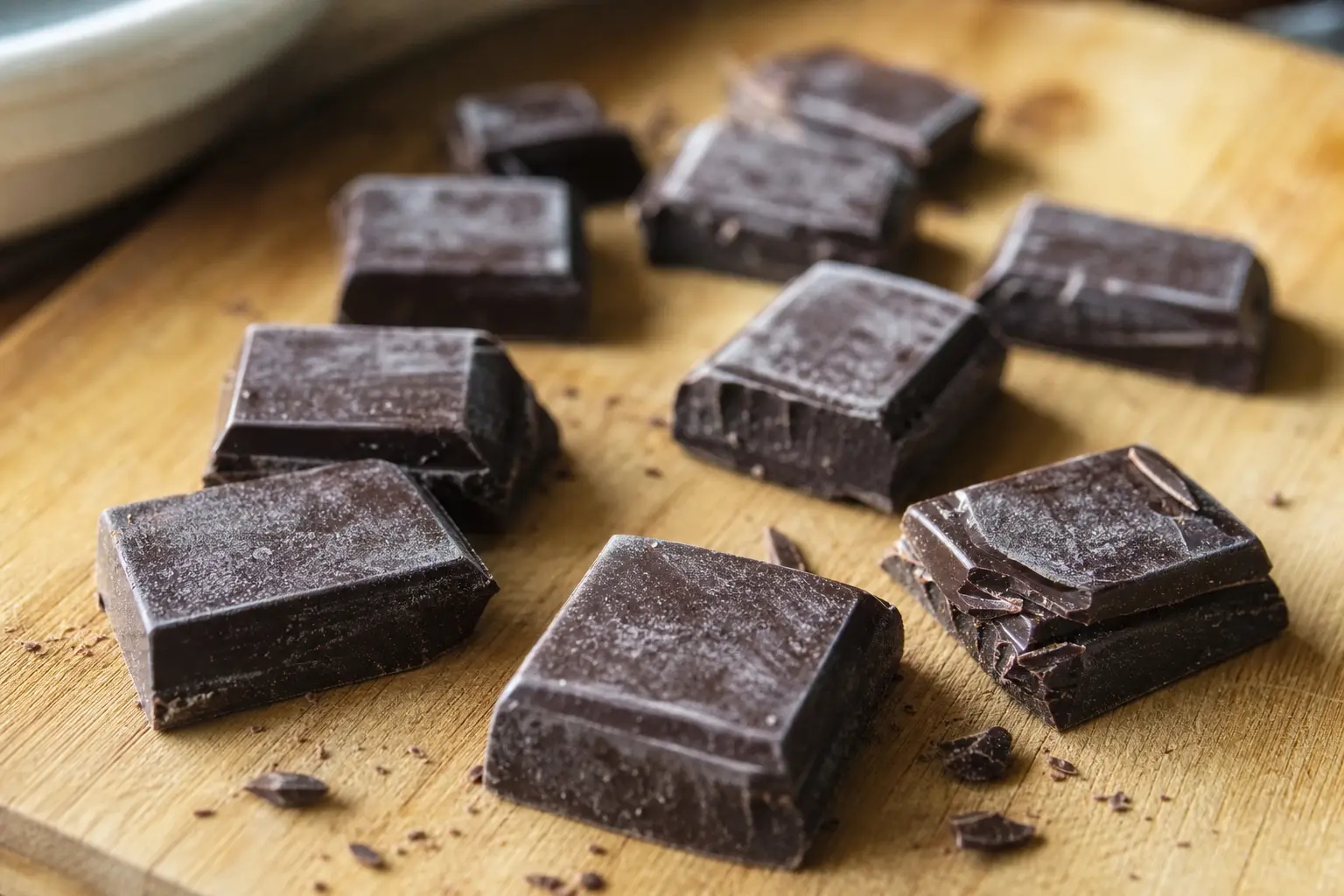 Carrés de chocolat noir cassés sur une planche en bois clair, léger voile blanchâtre en surface, lumière naturelle de cuisine