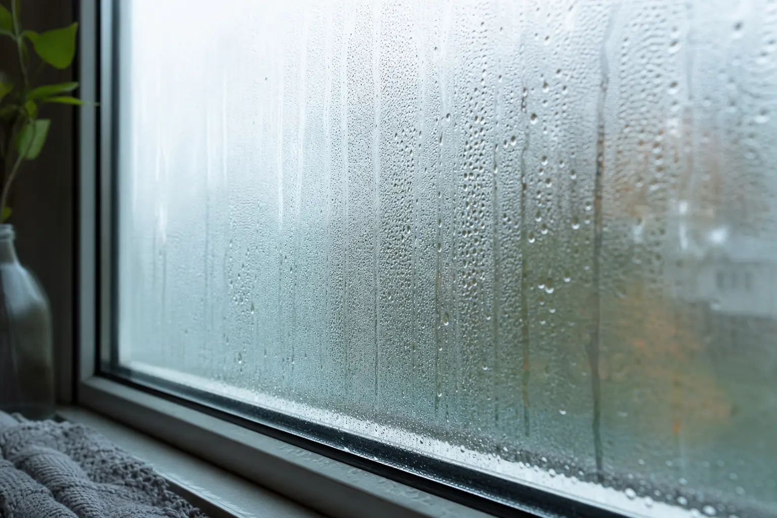 Gros plan sur une vitre couverte de gouttelettes de condensation qui ruissellent vers le rebord