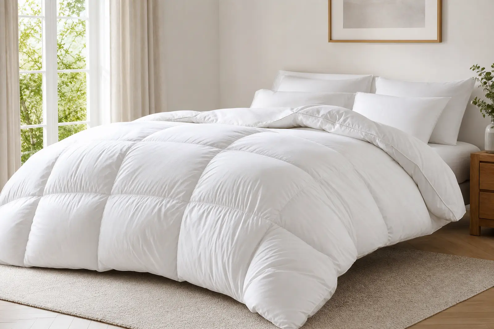 Couette blanche en duvet moelleuse et gonflée posée sur un lit dans une chambre lumineuse