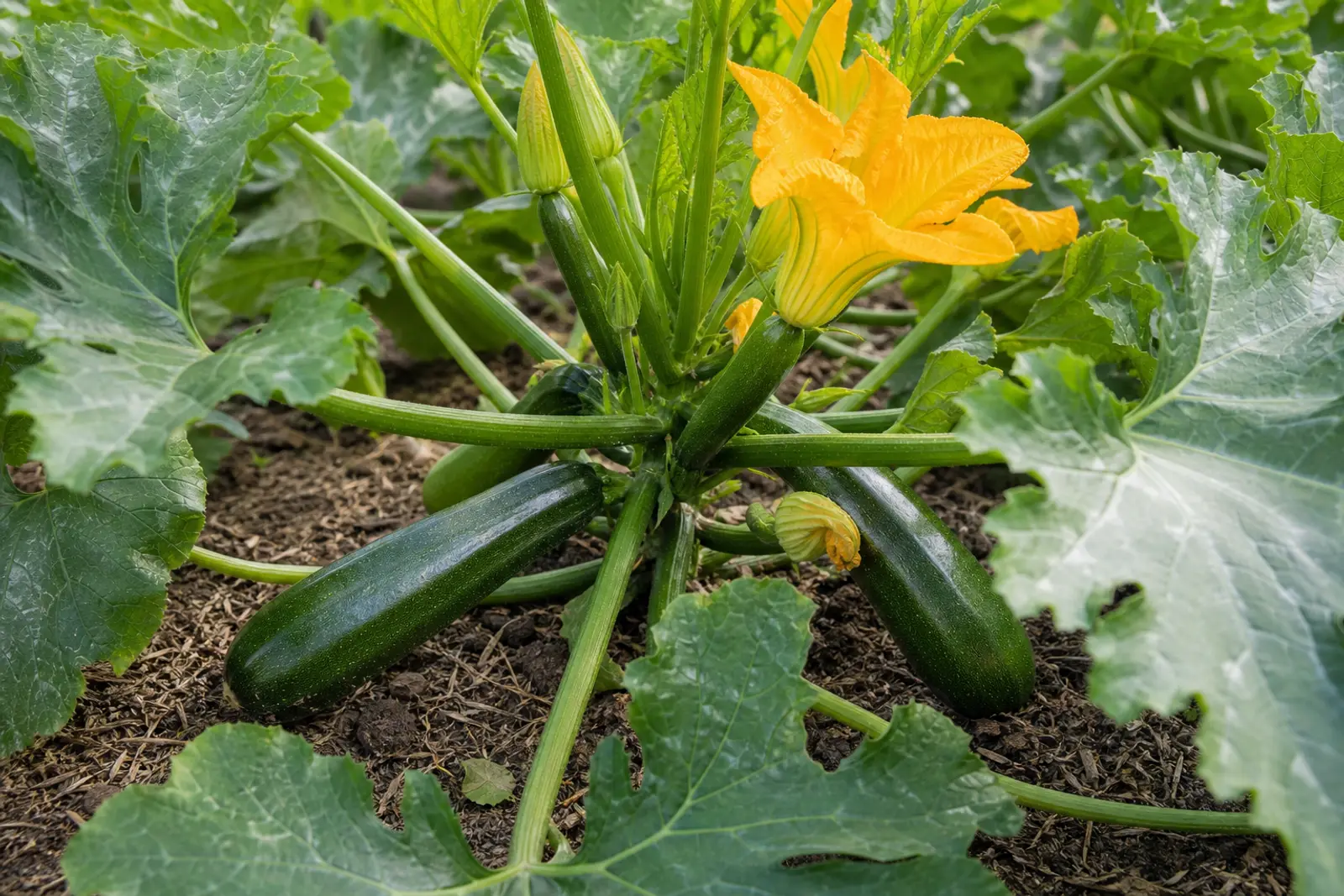 Jeunes courgettes vertes et fleurs jaunes sur un pied au potager, lumière naturelle du matin