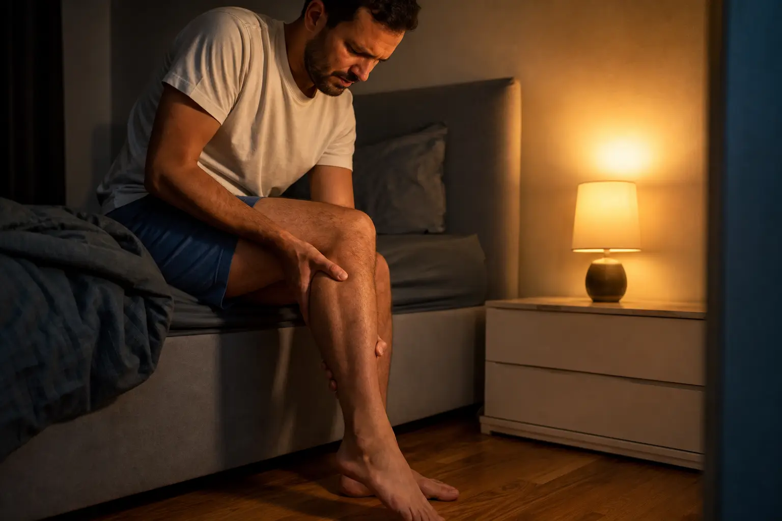 Personne assise au bord du lit la nuit se massant doucement le mollet, lumière de chevet tamisée