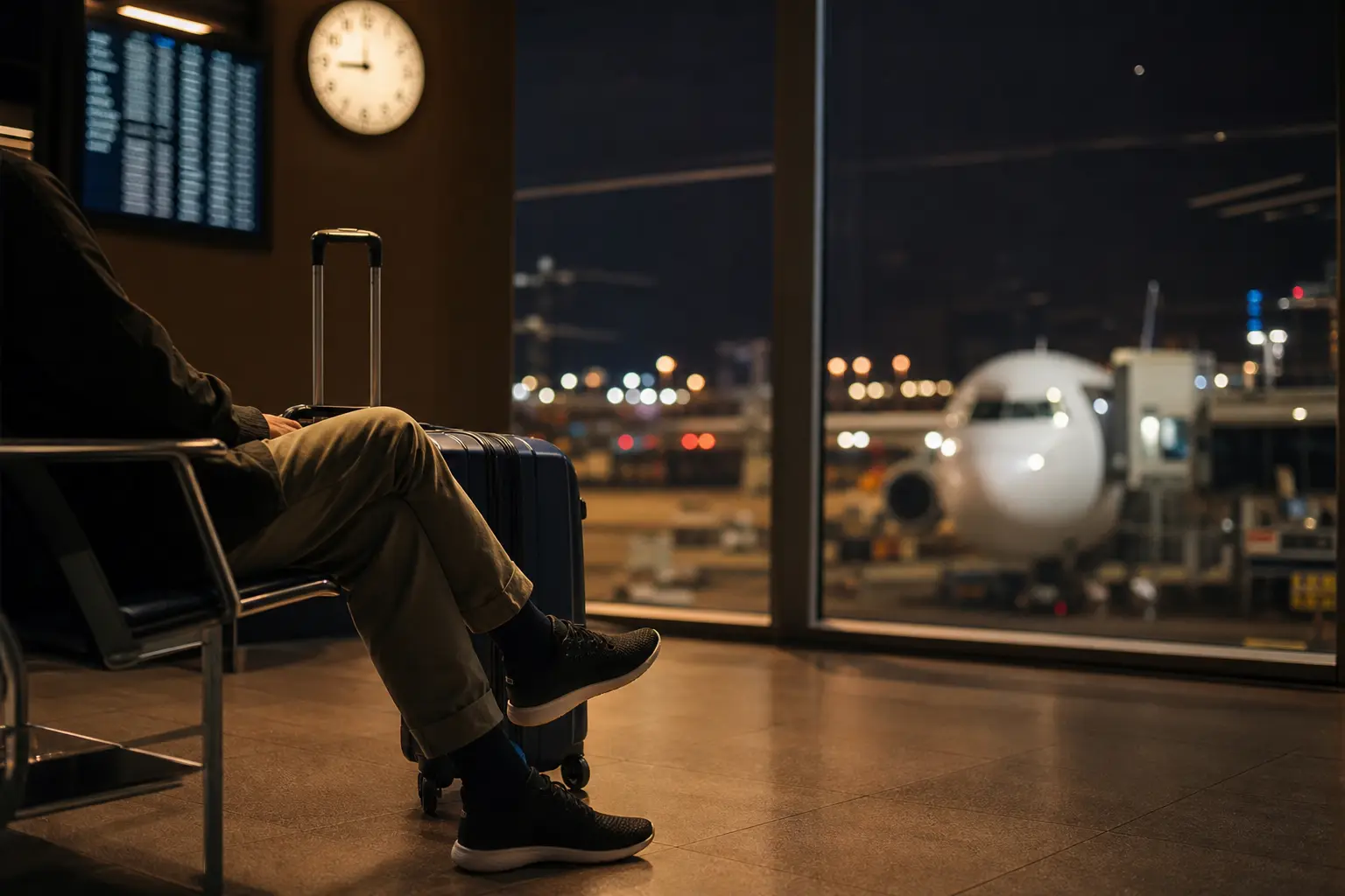 Un voyageur assis dans un terminal d'aéroport de nuit avec sa valise, un avion visible derrière la vitre