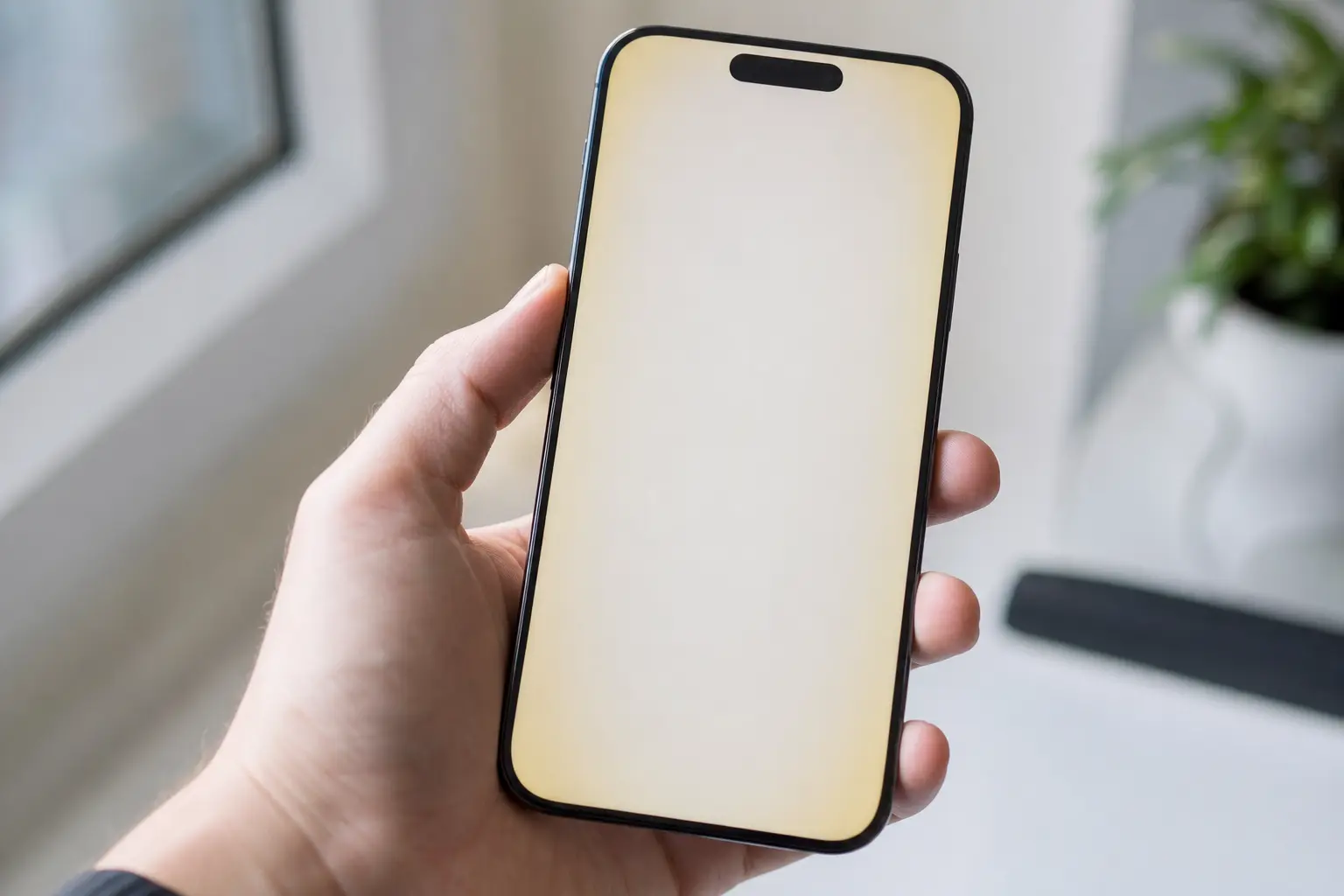 Smartphone tenu en main avec l'écran allumé, légère teinte jaunâtre visible sur les bords, dans une ambiance lumineuse d'intérieur