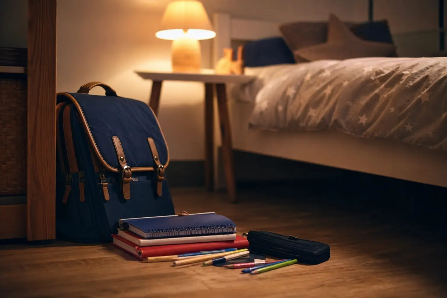 Un cartable et des fournitures scolaires posés au pied d'un lit d'enfant, lumière chaude du soir