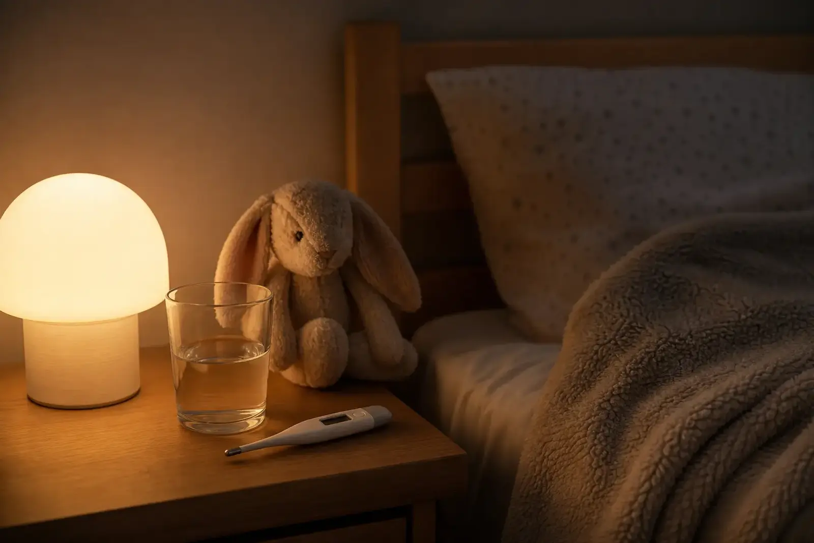 Table de chevet dans une chambre d'enfant le soir, avec un thermomètre, un verre d'eau et une peluche éclairés par une veilleuse douce
