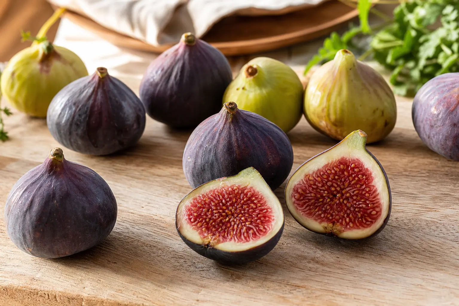 Plusieurs figues fraîches mûres entières et une coupée en deux révélant sa chair rouge, sur une planche en bois