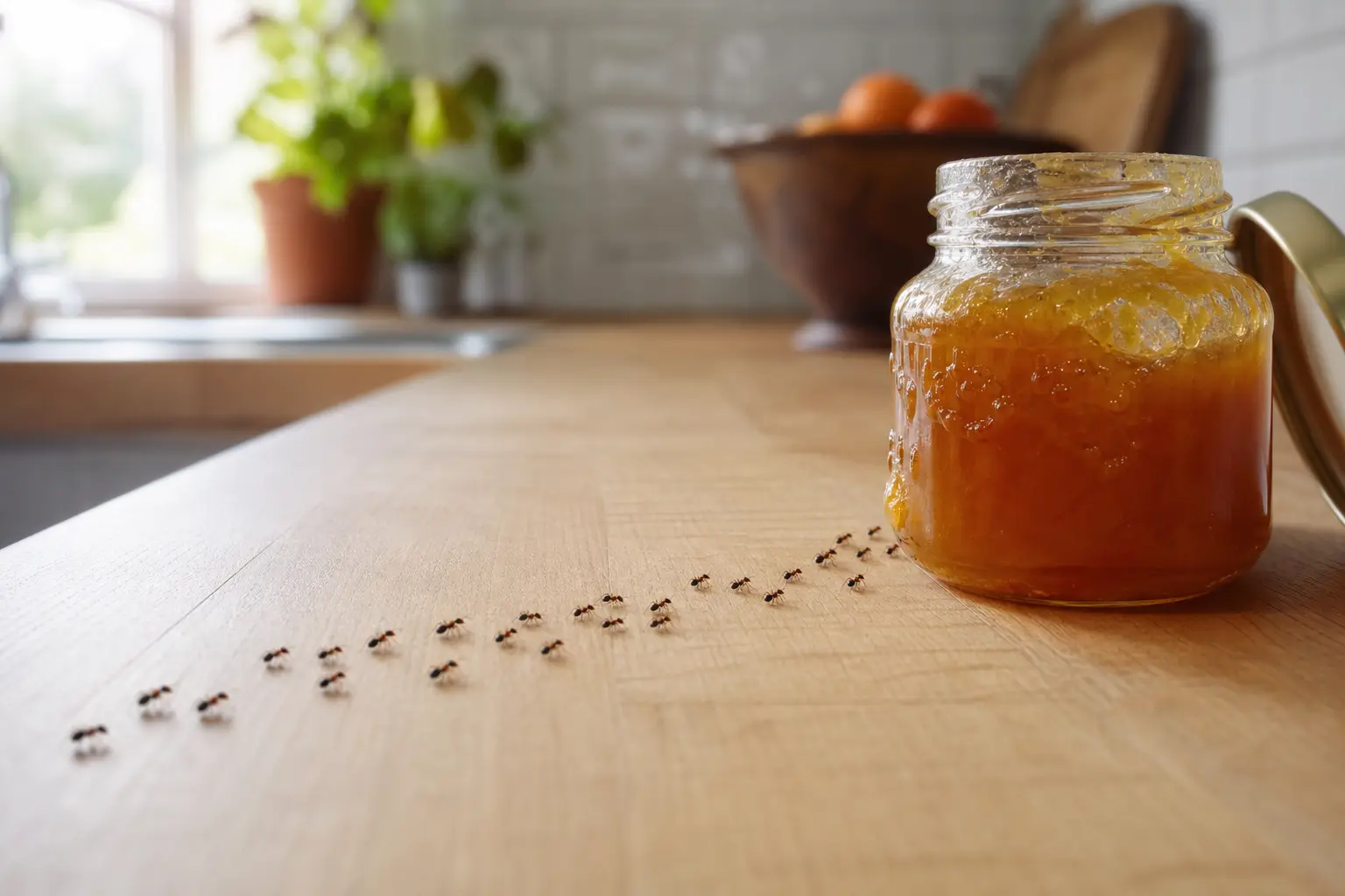Une file de fourmis traversant un plan de travail en bois vers un pot de confiture ouvert, cuisine lumineuse