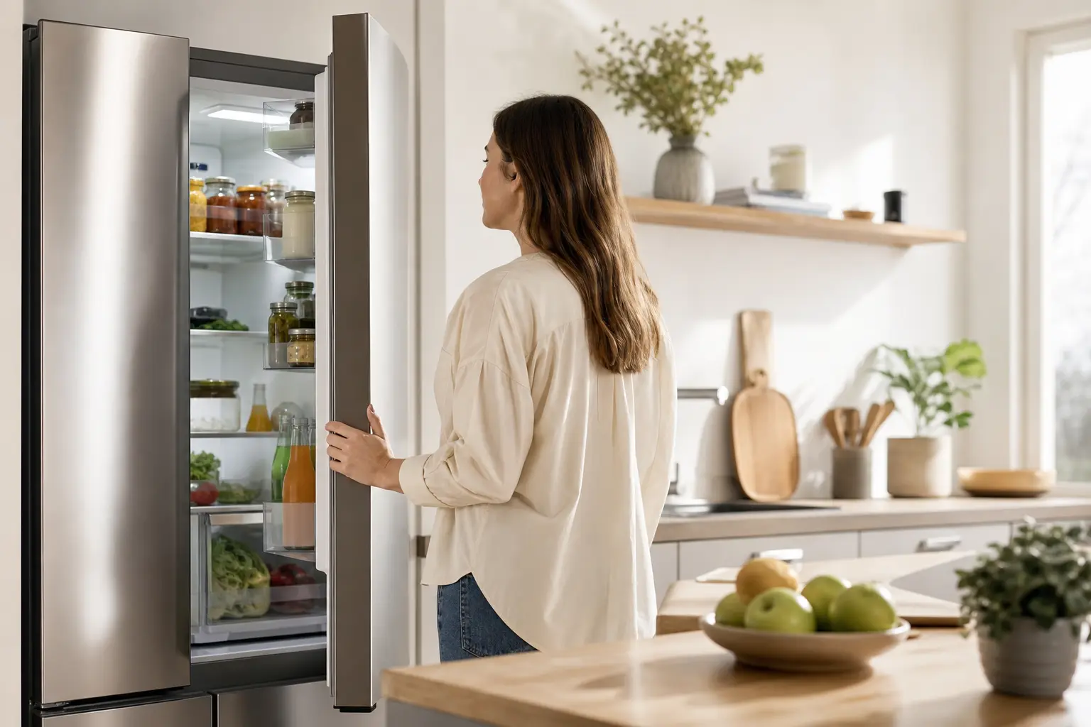 Réfrigérateur moderne dans une cuisine lumineuse, porte entrouverte, lumière naturelle du matin