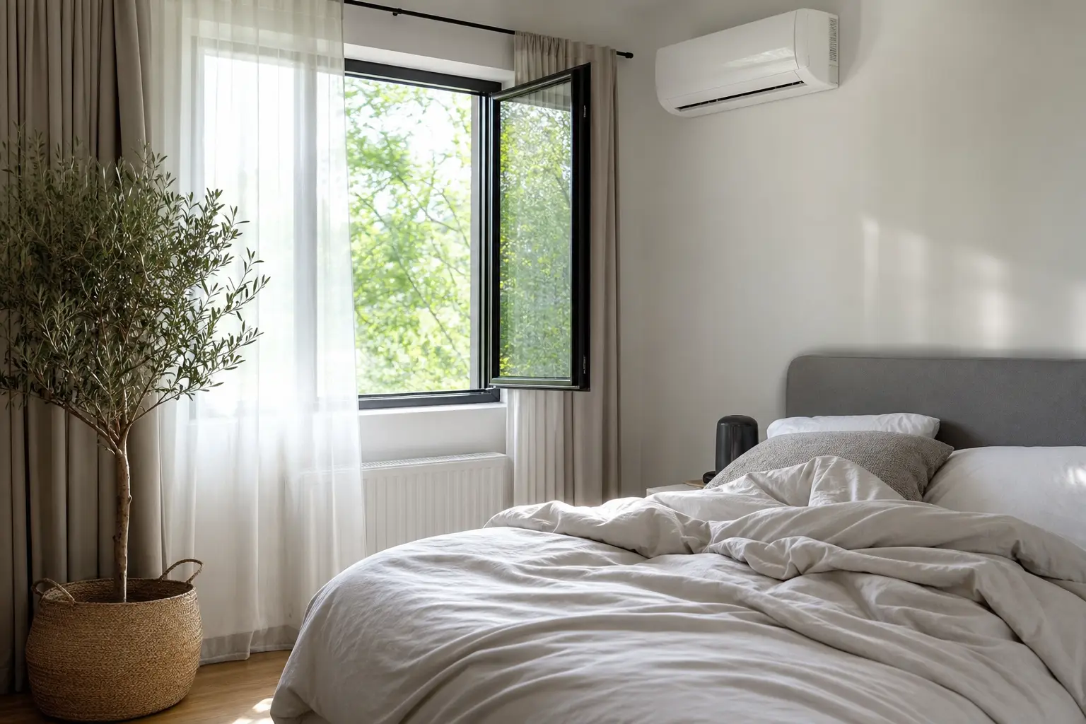 Chambre à coucher fraîche et lumineuse avec climatiseur mural, lumière naturelle du matin