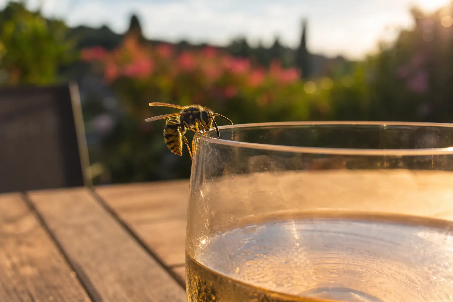 Guêpe posée sur le bord d'un verre en terrasse, lumière chaude de fin d'été