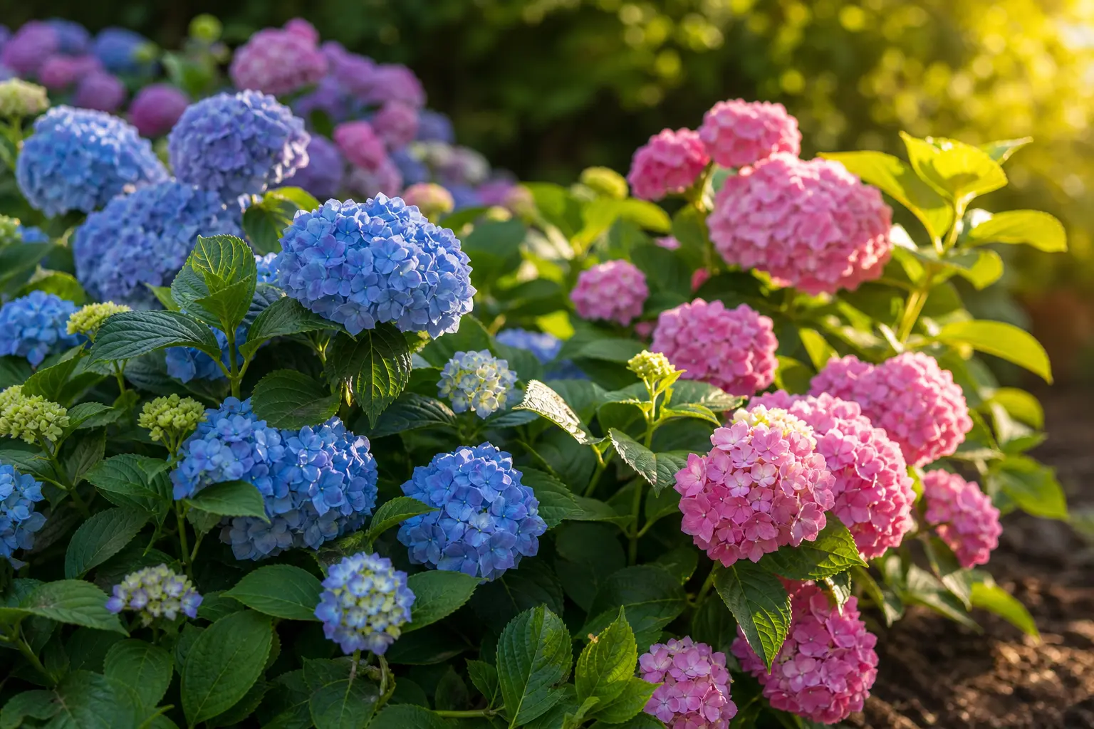 Massif d'hortensias avec des fleurs bleues d'un côté et des fleurs roses de l'autre, dans un jardin baigné de lumière naturelle