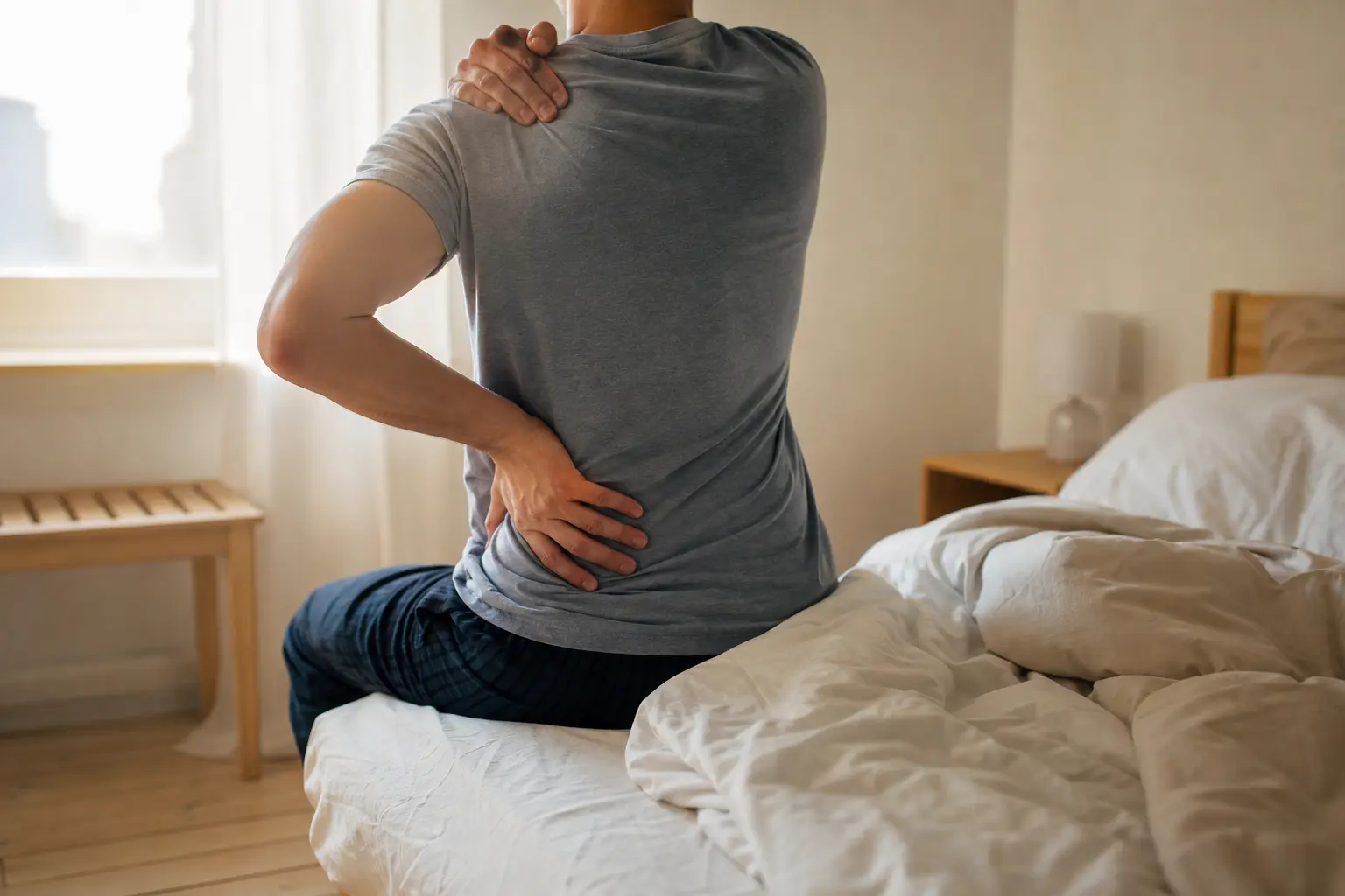Une personne assise au bord du lit le matin, main posée sur le bas du dos dans un geste de gêne musculaire, lumière naturelle