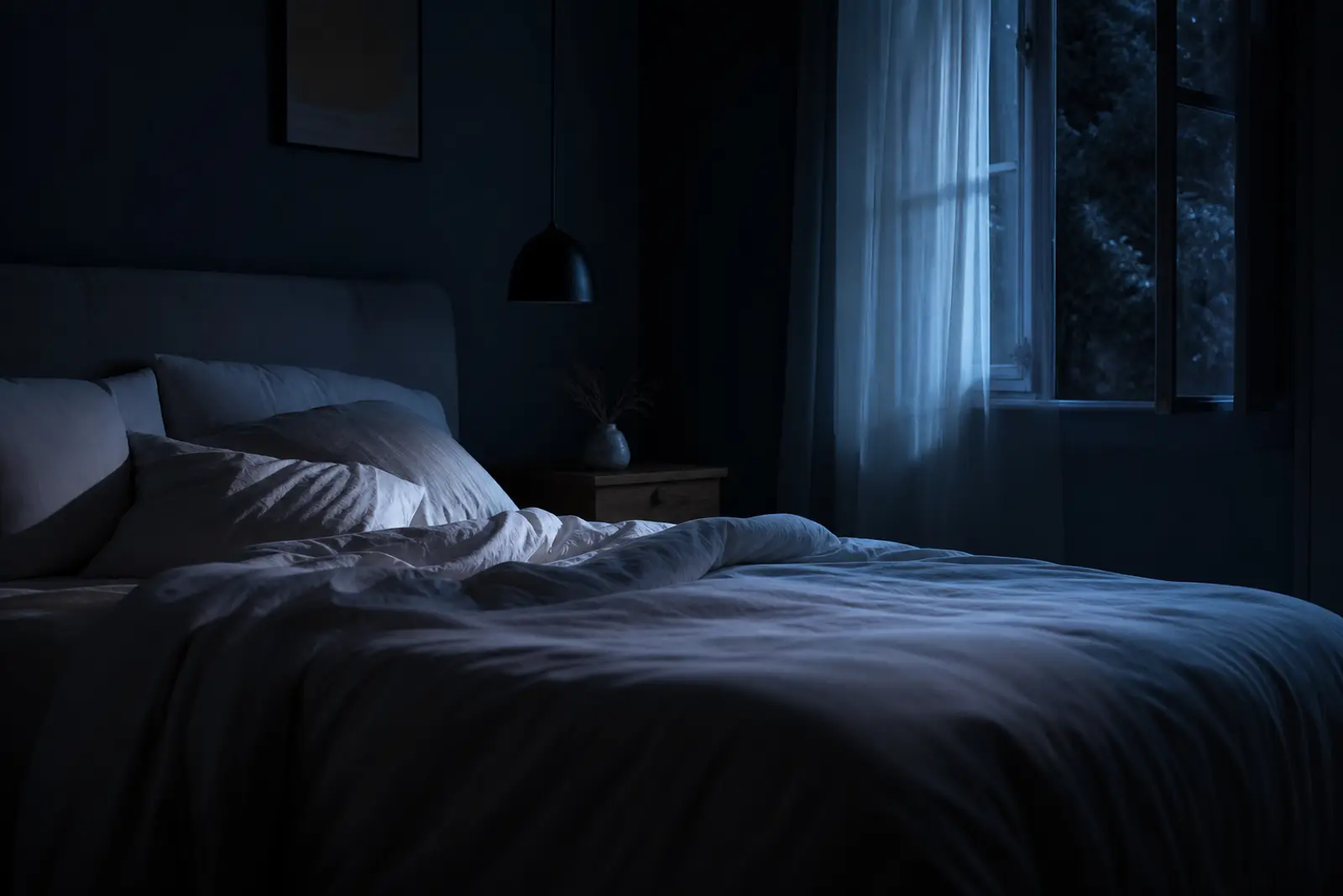 Chambre à coucher plongée dans la pénombre au milieu de la nuit, lit défait et faible lumière naturelle