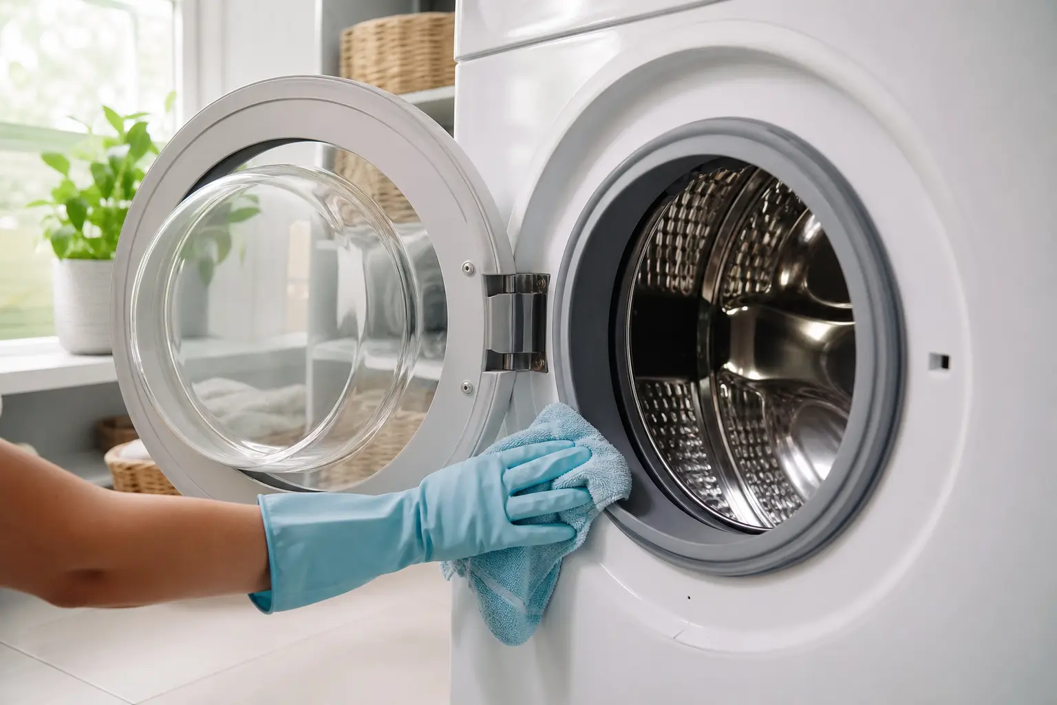 Tambour et joint en caoutchouc d'un lave-linge ouvert, prêt à être nettoyé