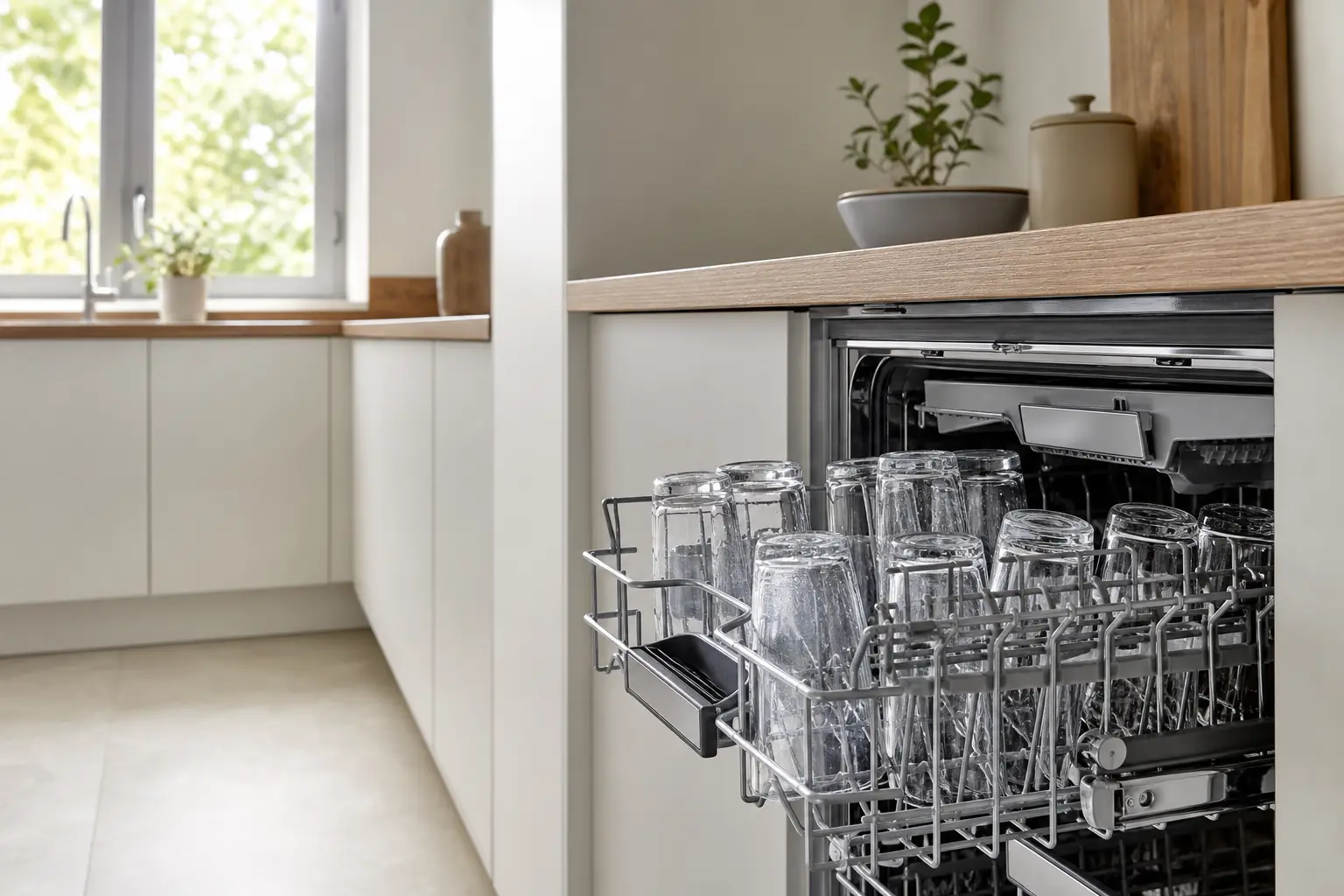 Verres à eau transparents rangés dans un lave-vaisselle ouvert, cuisine lumineuse