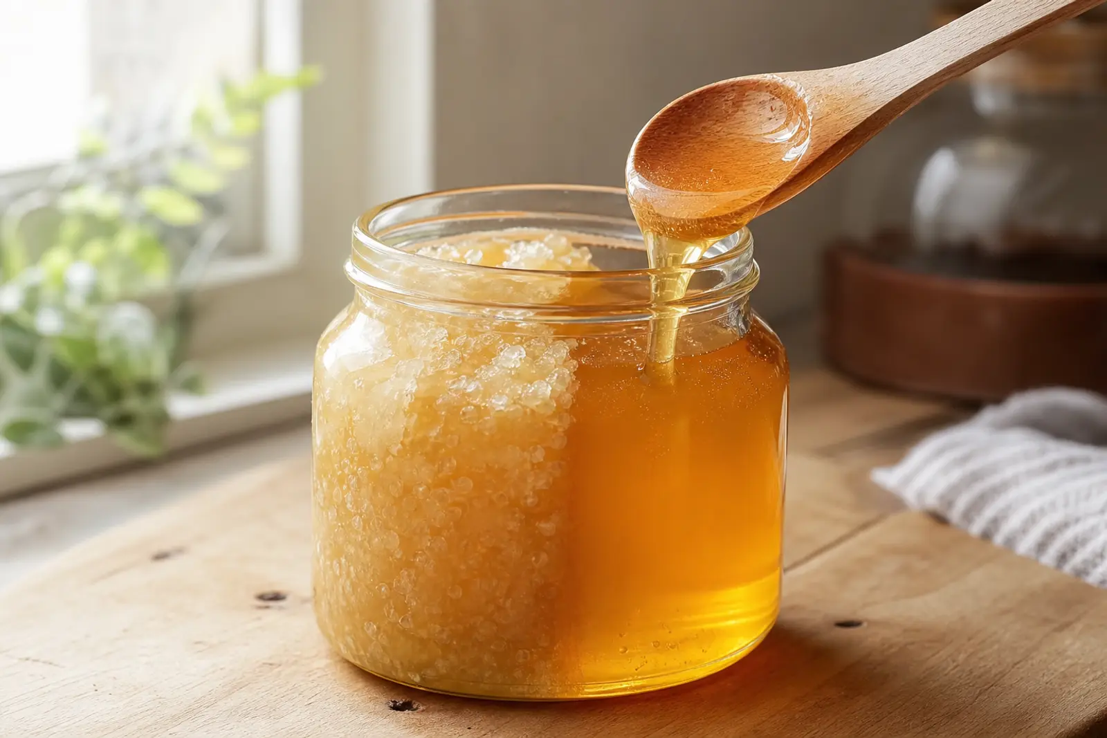 Pot de miel en verre avec du miel cristallisé opaque d'un côté et du miel liquide doré coulant d'une cuillère en bois de l'autre