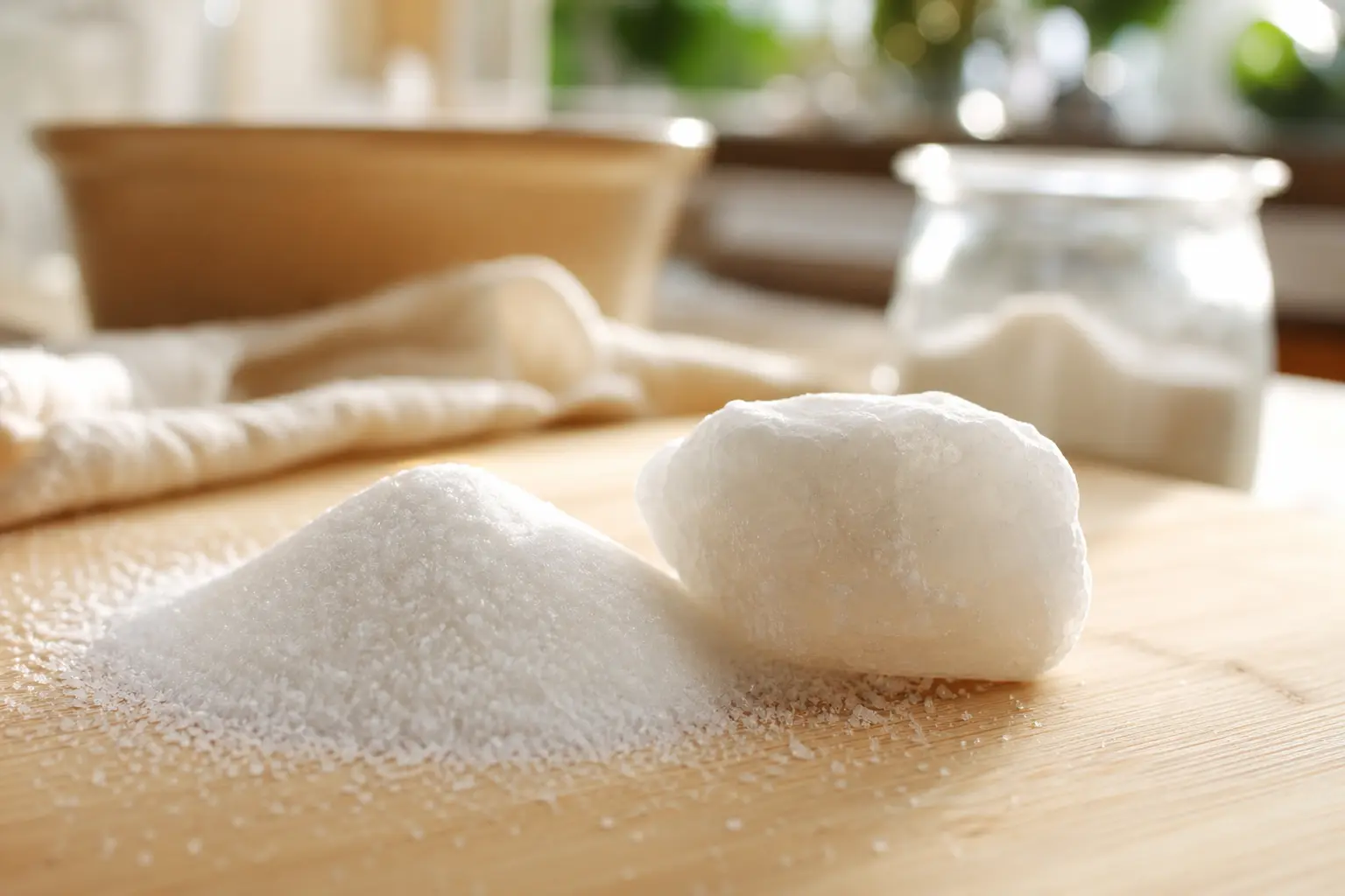 Tas de sucre en poudre blanc et morceau de sucre durci en bloc sur un plan de travail en bois clair, lumière naturelle de cuisine