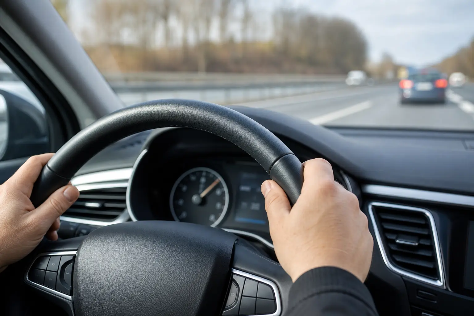 Vue depuis l'habitacle d'une voiture, mains sur le volant, avec une route d'autoroute floutée à travers le pare-brise