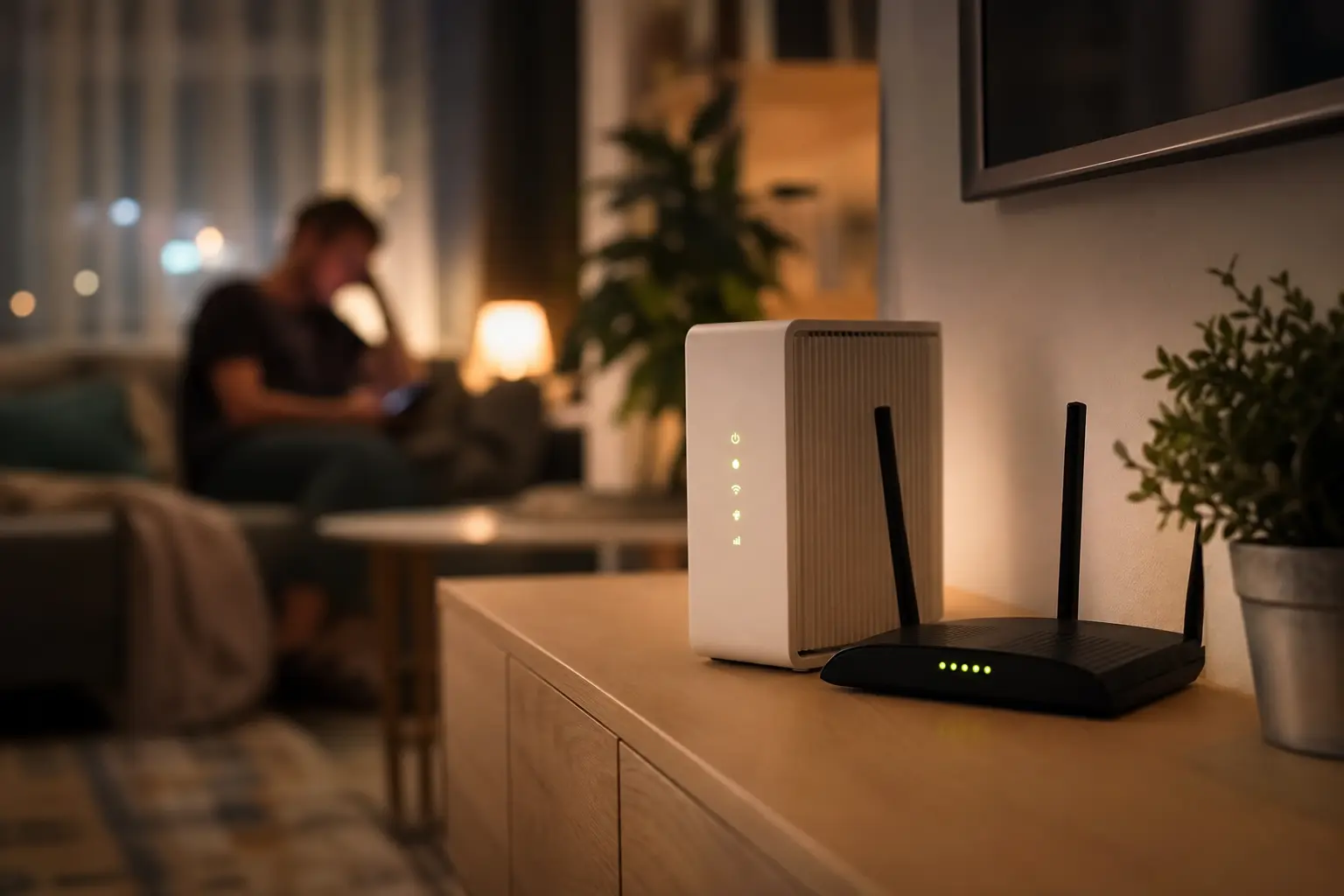Salon en soirée avec une box internet et un routeur wifi aux voyants allumés, lumière chaude