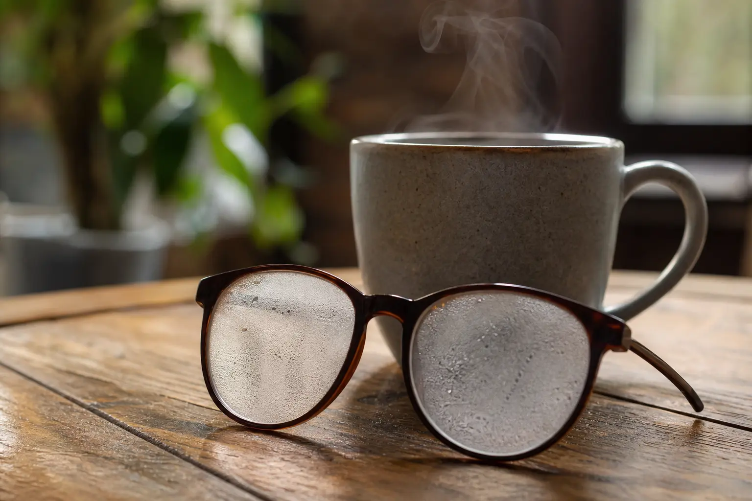 Une paire de lunettes aux verres couverts de buée posée près d'une tasse de café fumante