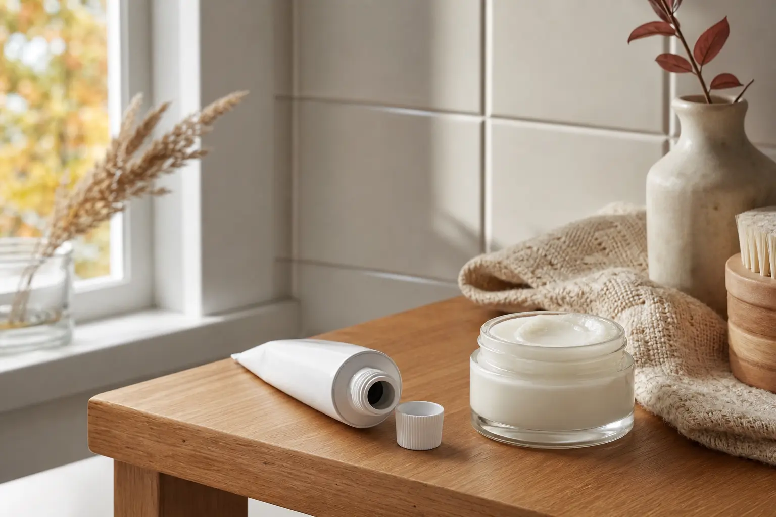 Un tube de crème pour les mains ouvert à côté d'un pot de baume hydratant sur une étagère en bois