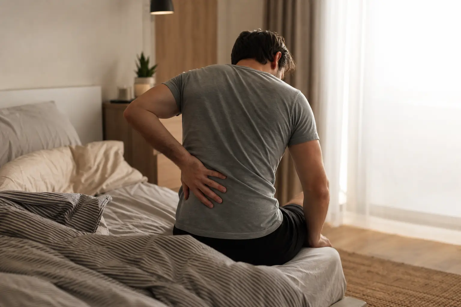 Personne assise au bord du lit le matin, une main dans le bas du dos, lumière douce entrant par la fenêtre