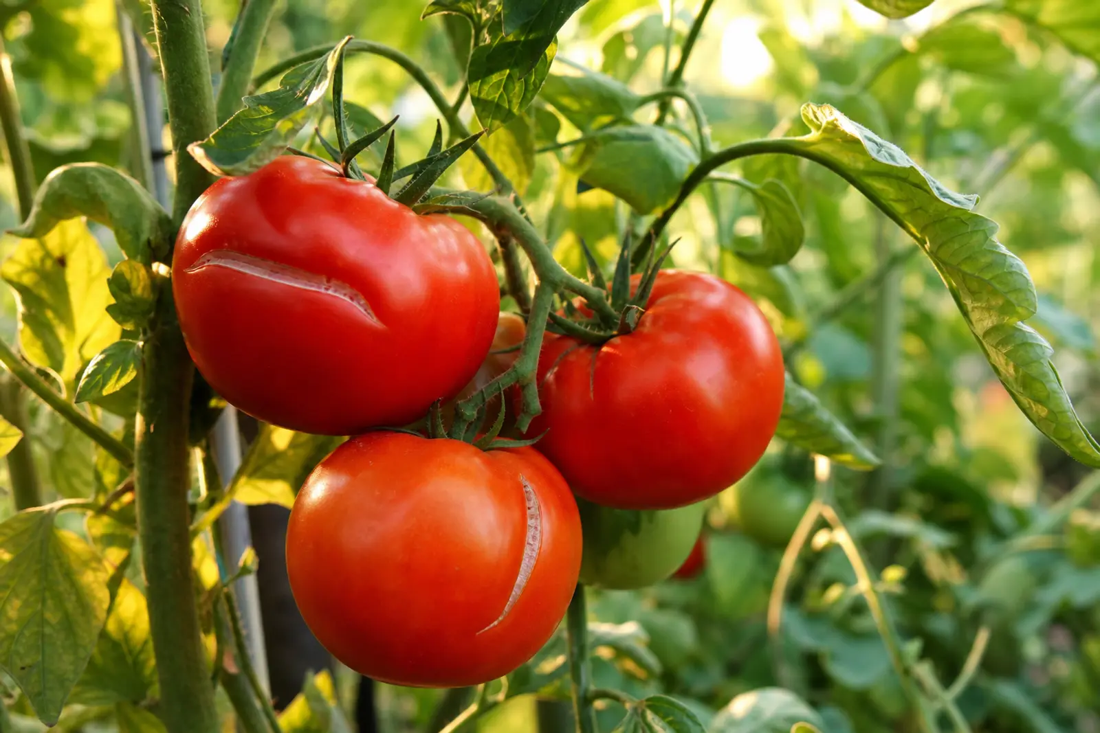 Grappe de tomates rouges mûres sur pied au potager, deux fruits présentant une légère fente sur la peau
