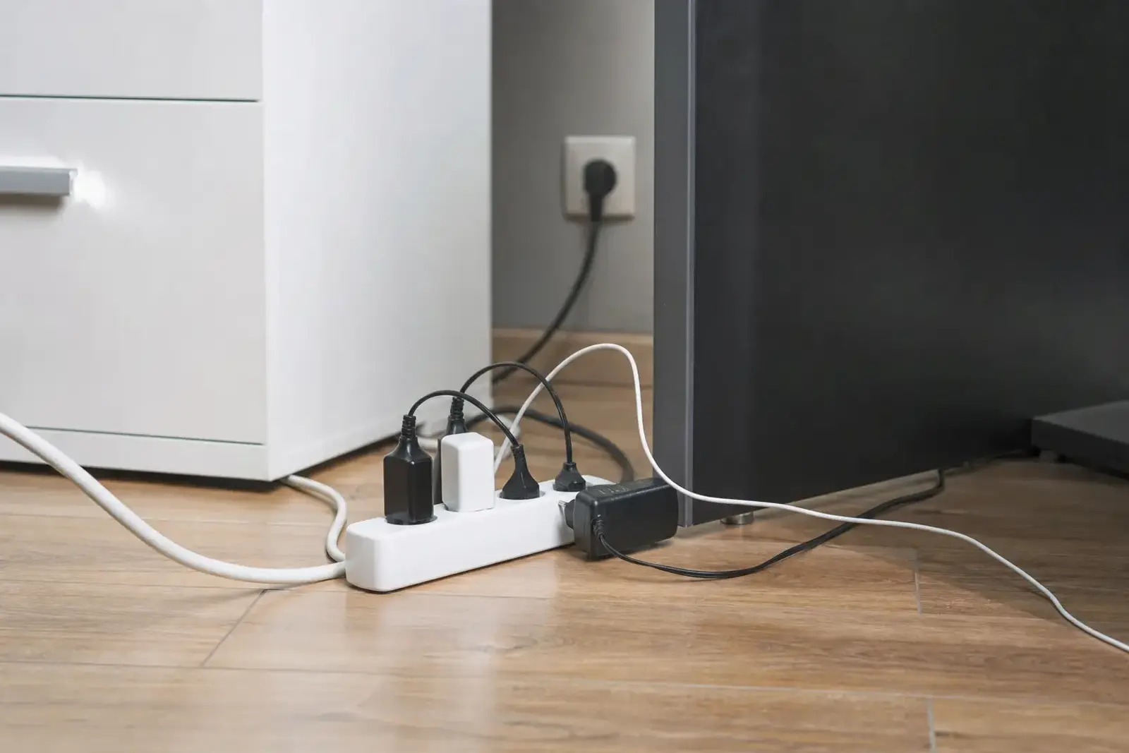 Multiprise électrique blanche au sol avec plusieurs appareils branchés près d'un meuble