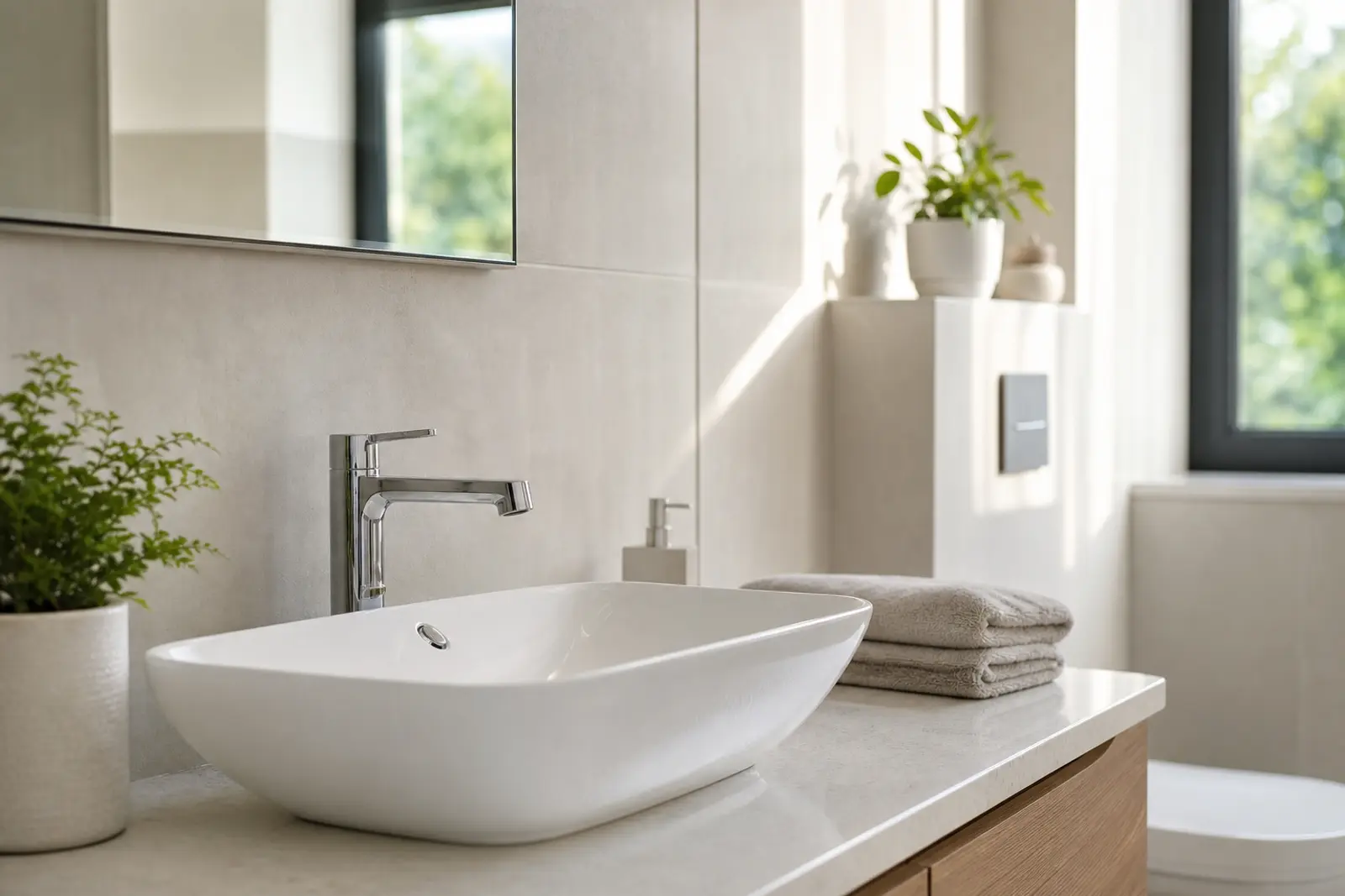 Salle de bain claire et moderne avec lavabo blanc et robinetterie chromée, lumière naturelle du matin