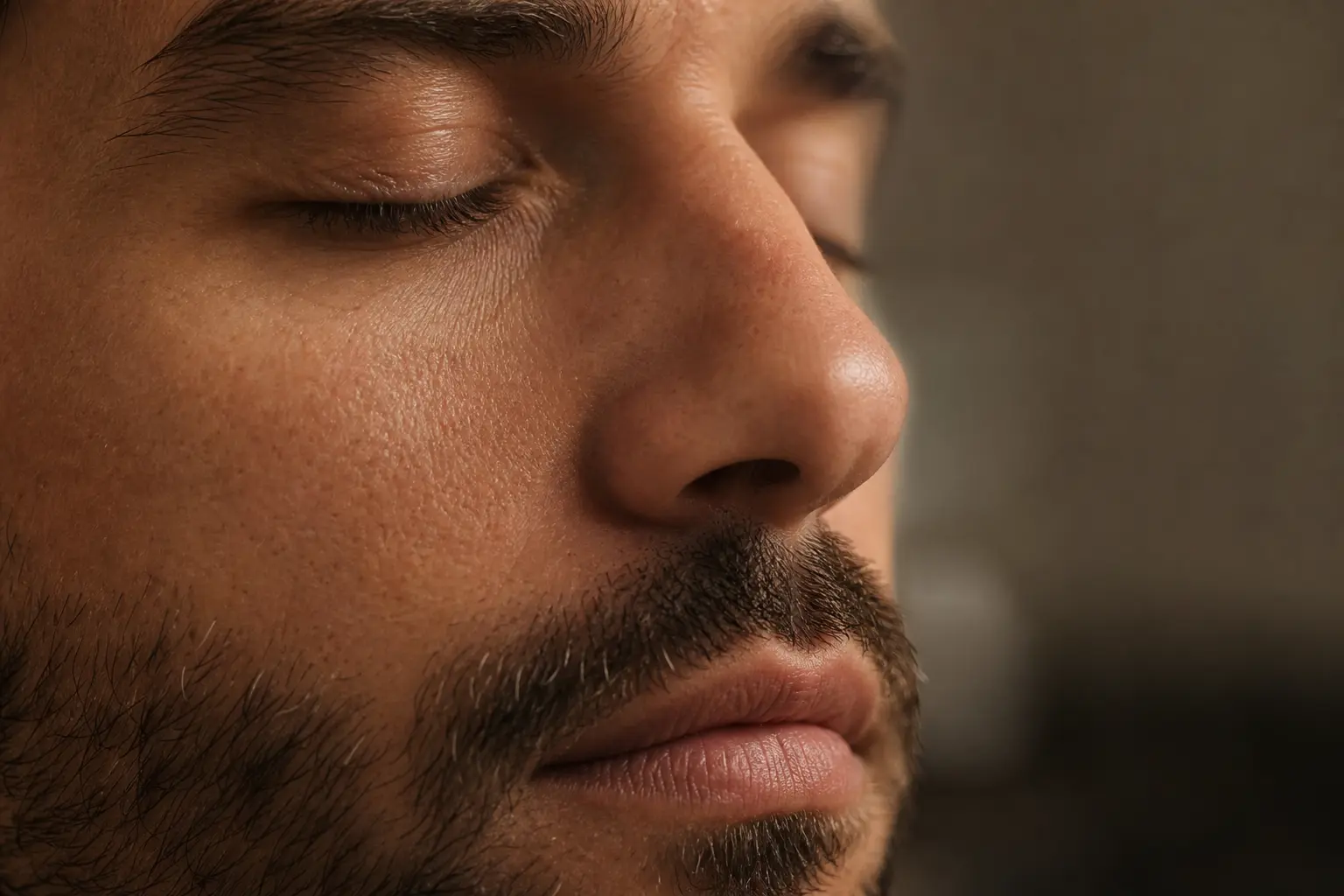 Gros plan sur le visage d'un homme au repos, yeux fermés, respirant calmement, lumière naturelle chaude