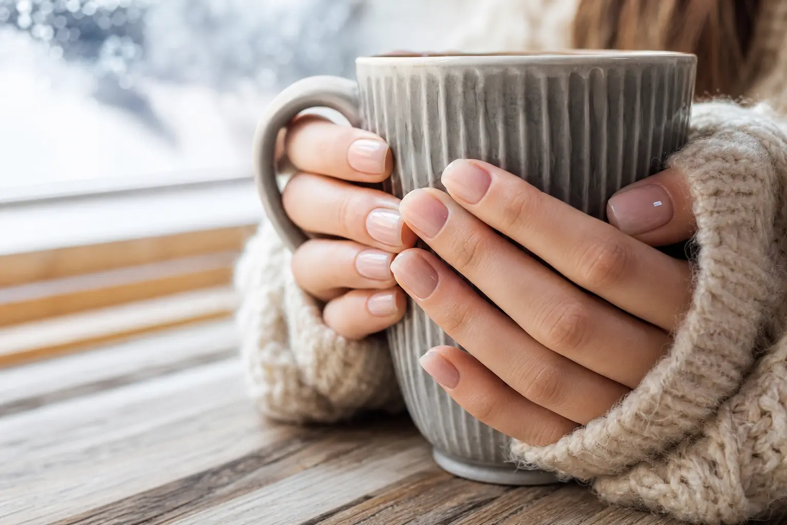 Mains aux ongles soignés tenant une tasse chaude près d'une fenêtre enneigée, pull en laine, ambiance hivernale douce