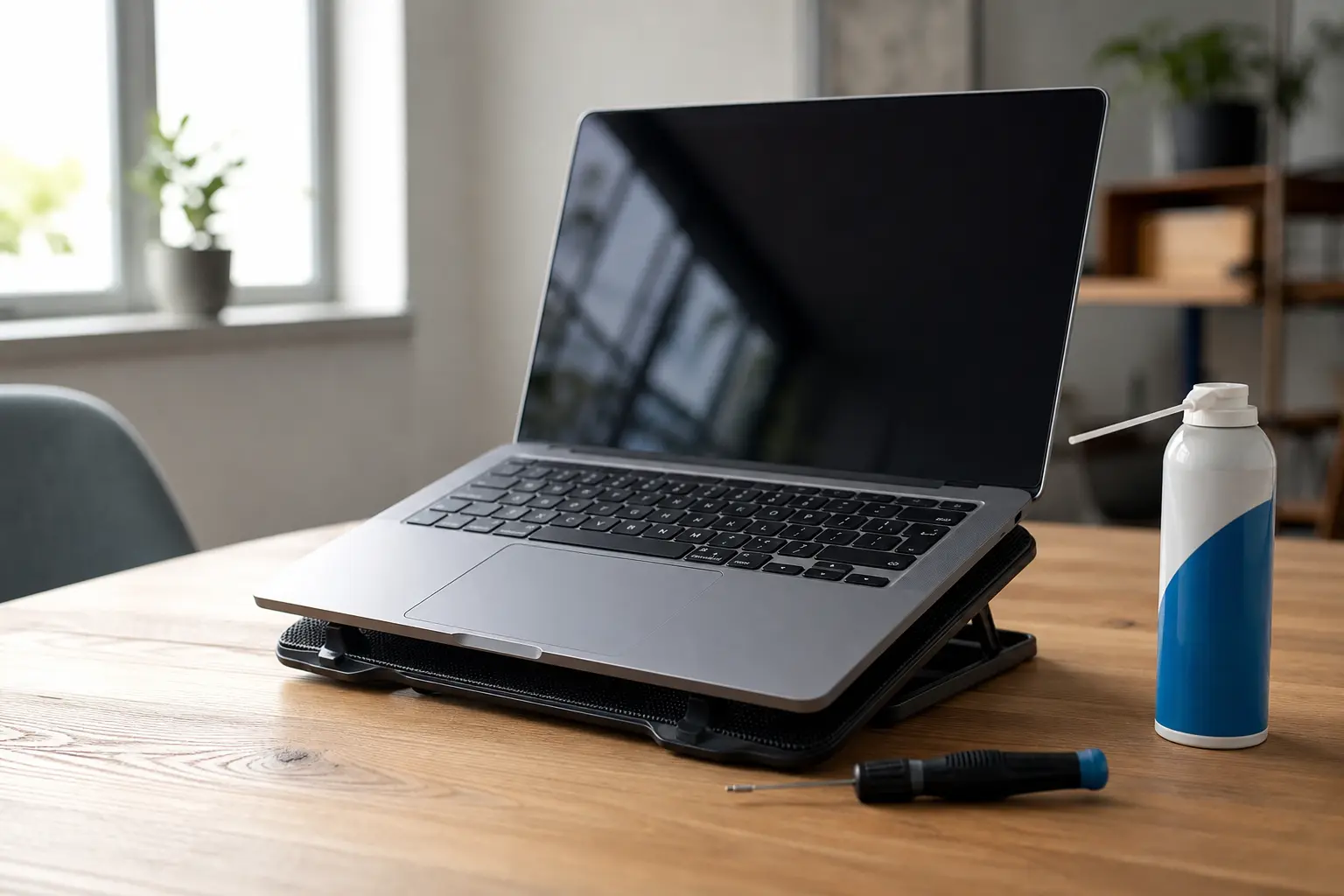 Ordinateur portable posé sur un support ventilé avec une bombe d'air comprimé et un tournevis de précision à proximité