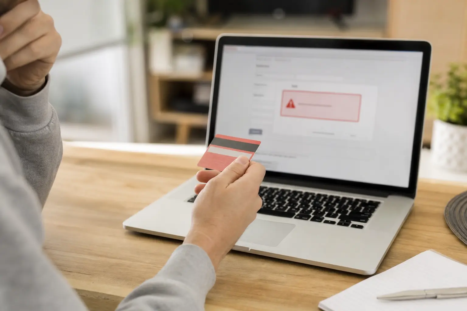Une personne tenant une carte bancaire devant un ordinateur portable affichant un message d'erreur de paiement