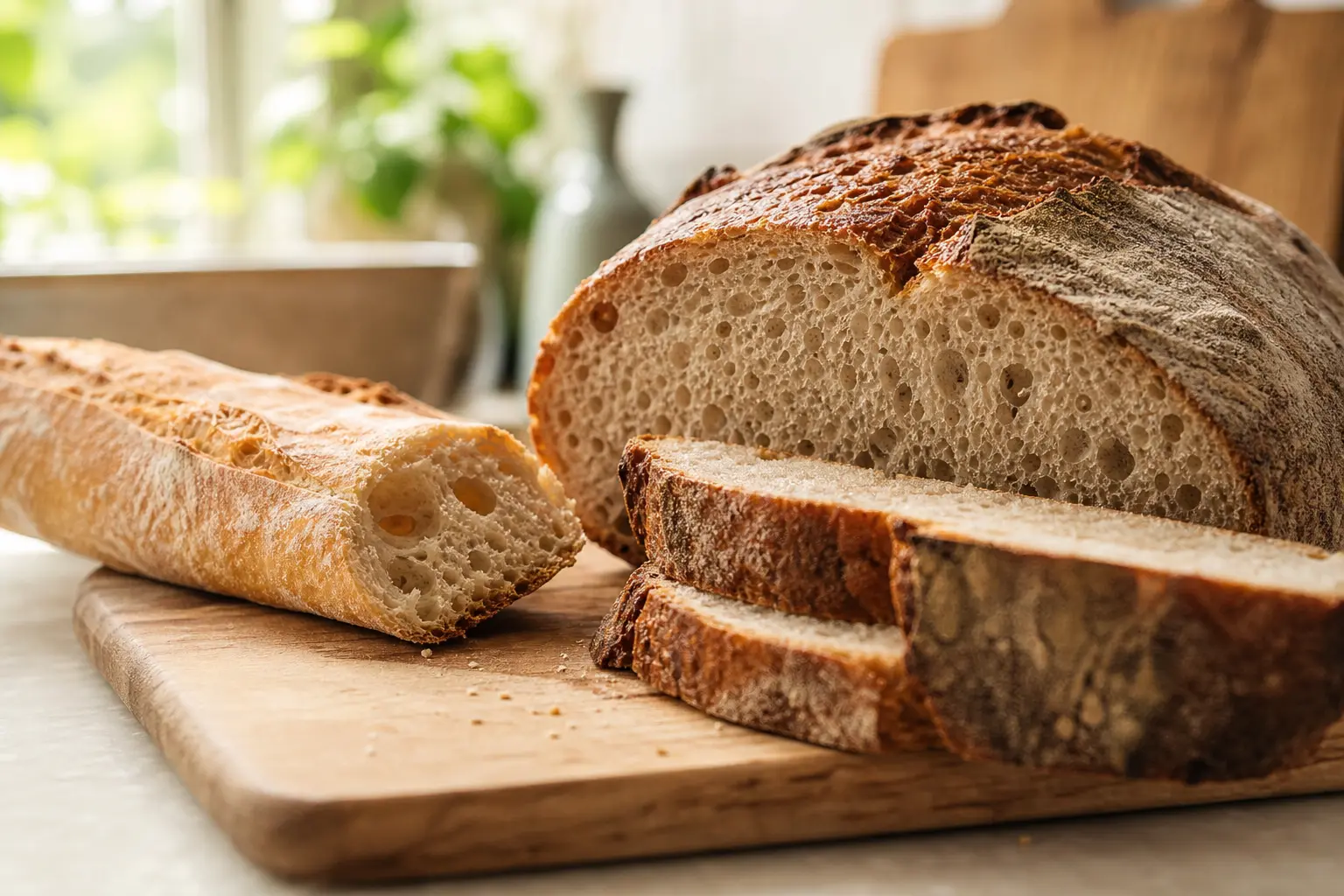 Baguette et pain de campagne tranchés sur une planche à découper en bois, dans une cuisine lumineuse