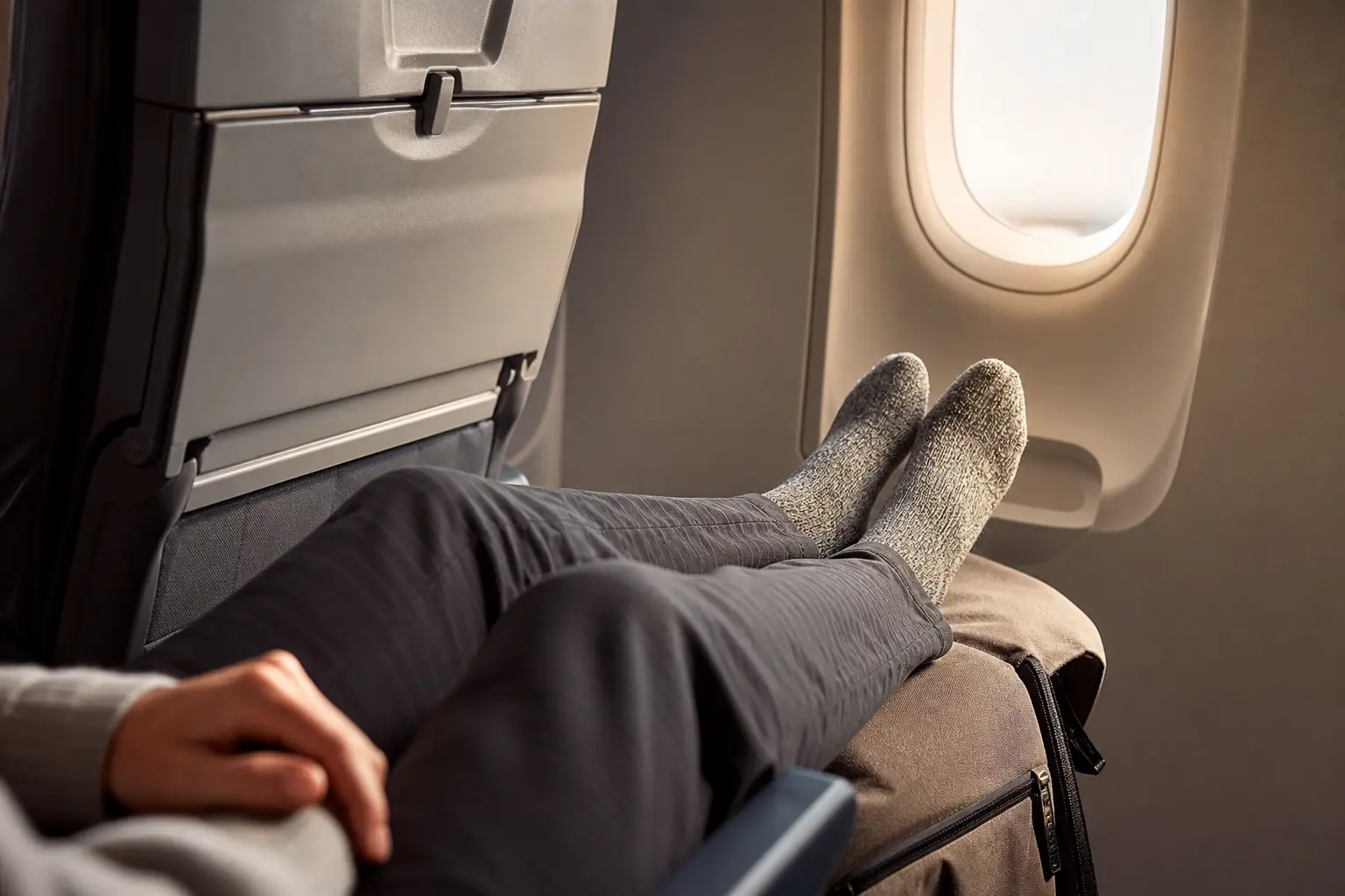 Passager en cabine d'avion, pieds en chaussettes surélevés sur un bagage près du hublot, lumière naturelle chaude