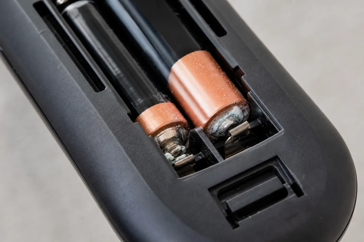 Compartiment à piles ouvert d'une télécommande, avec des piles alcalines usagées légèrement corrodées, gros plan lumière naturelle