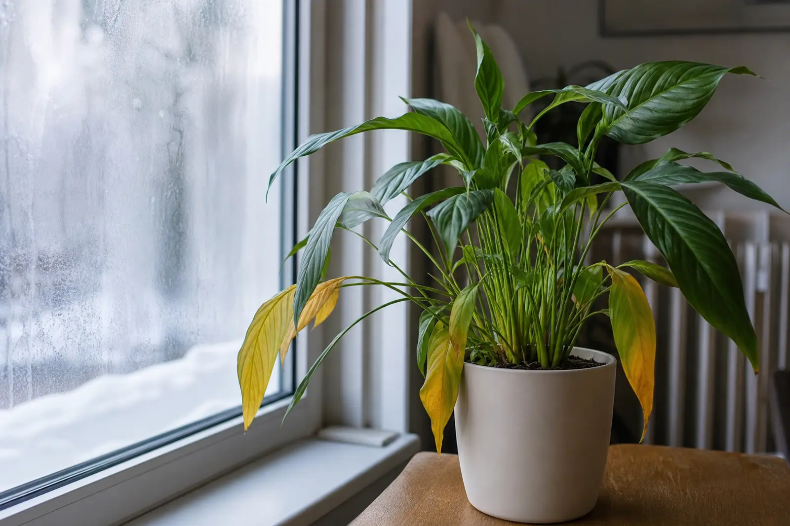 Plante verte en pot posée près d'une fenêtre hivernale givrée, avec plusieurs feuilles basses jaunies